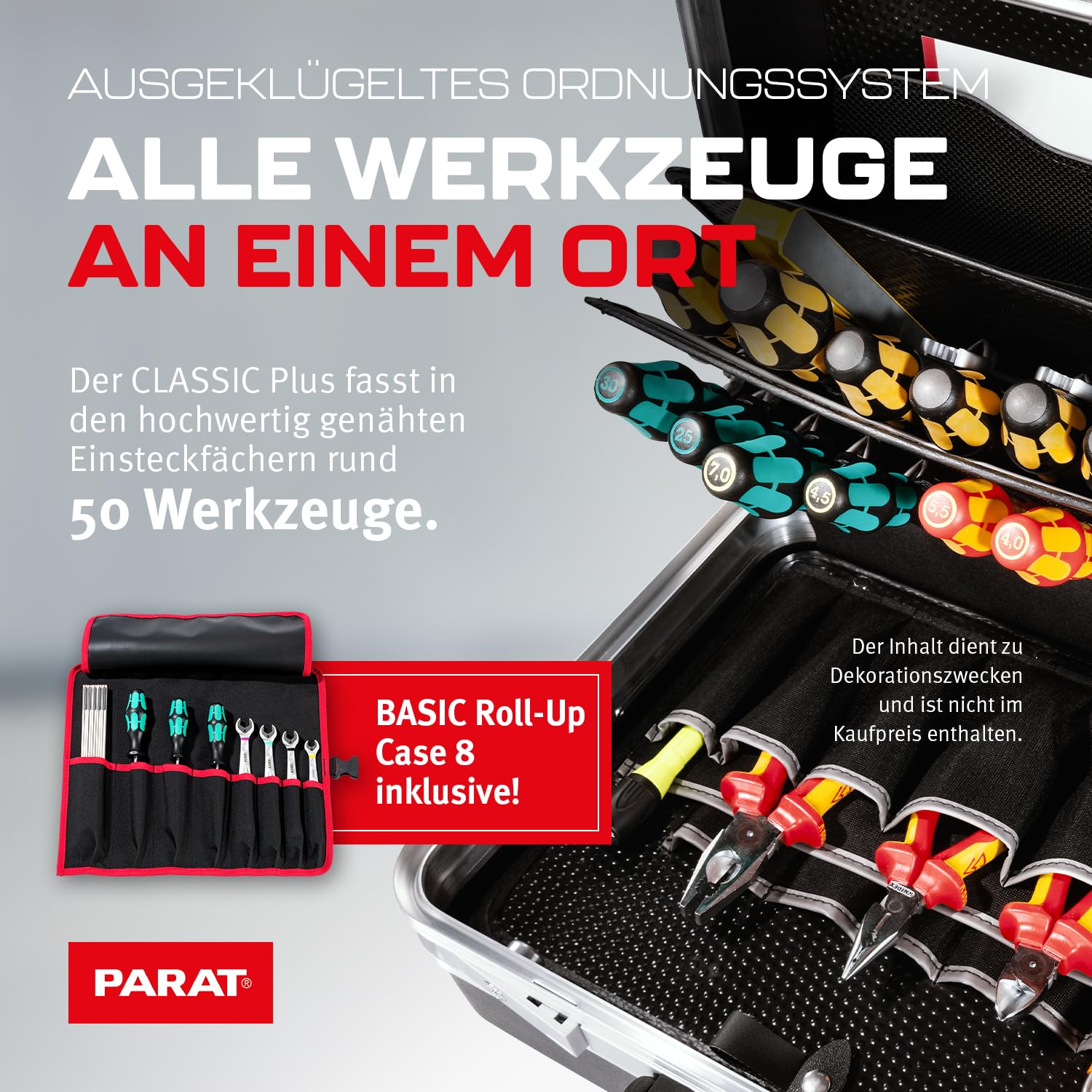 PARAT Classic Plus Safe - Maletín de herramientas con cerradura de combinación para 50 herramientas, incluye funda enrollable básica 8, robusta caja de herramientas con marco de aluminio, caja de