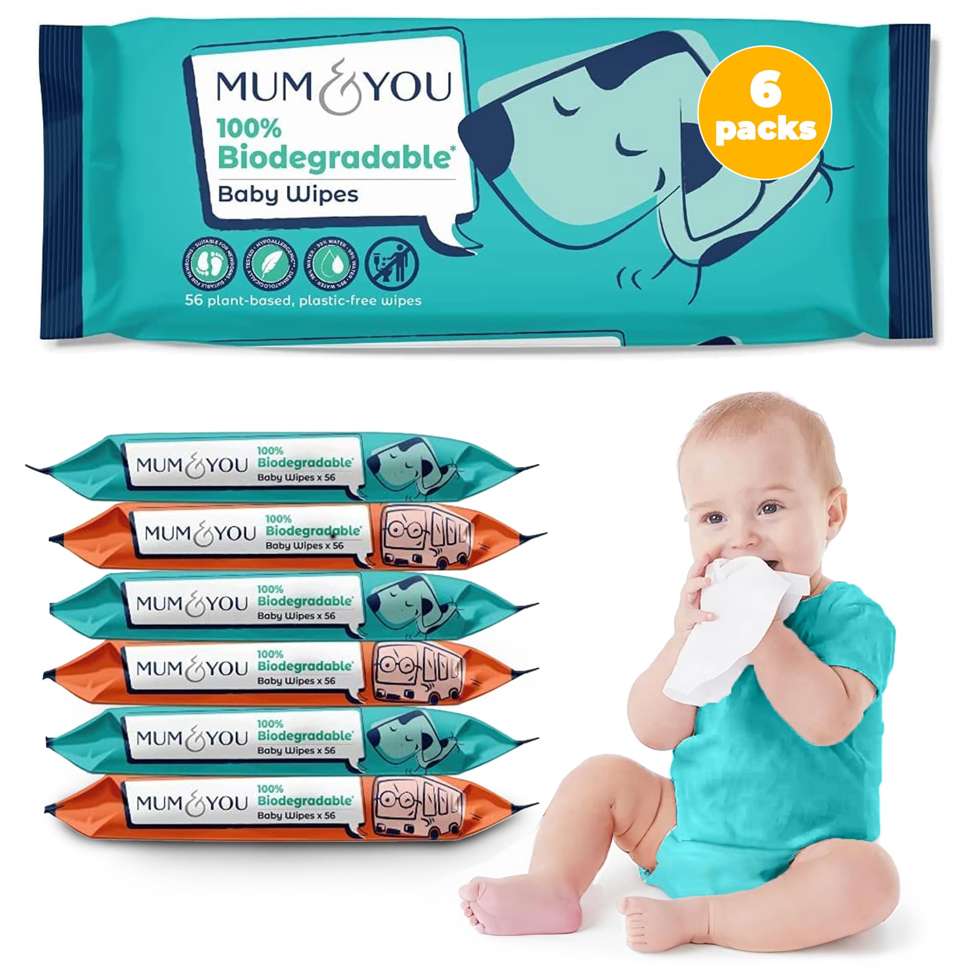 Mum & You Baby Wipes Multipack - 336 Biodegradable Wet Wipes (6 Packs) | 99.4% Water Wipes for Sensitive Newborn Skin | Baby Wipes Bulk, Bum Wipes, Wet Tissue, Eco-Friendly wet wipes baby
