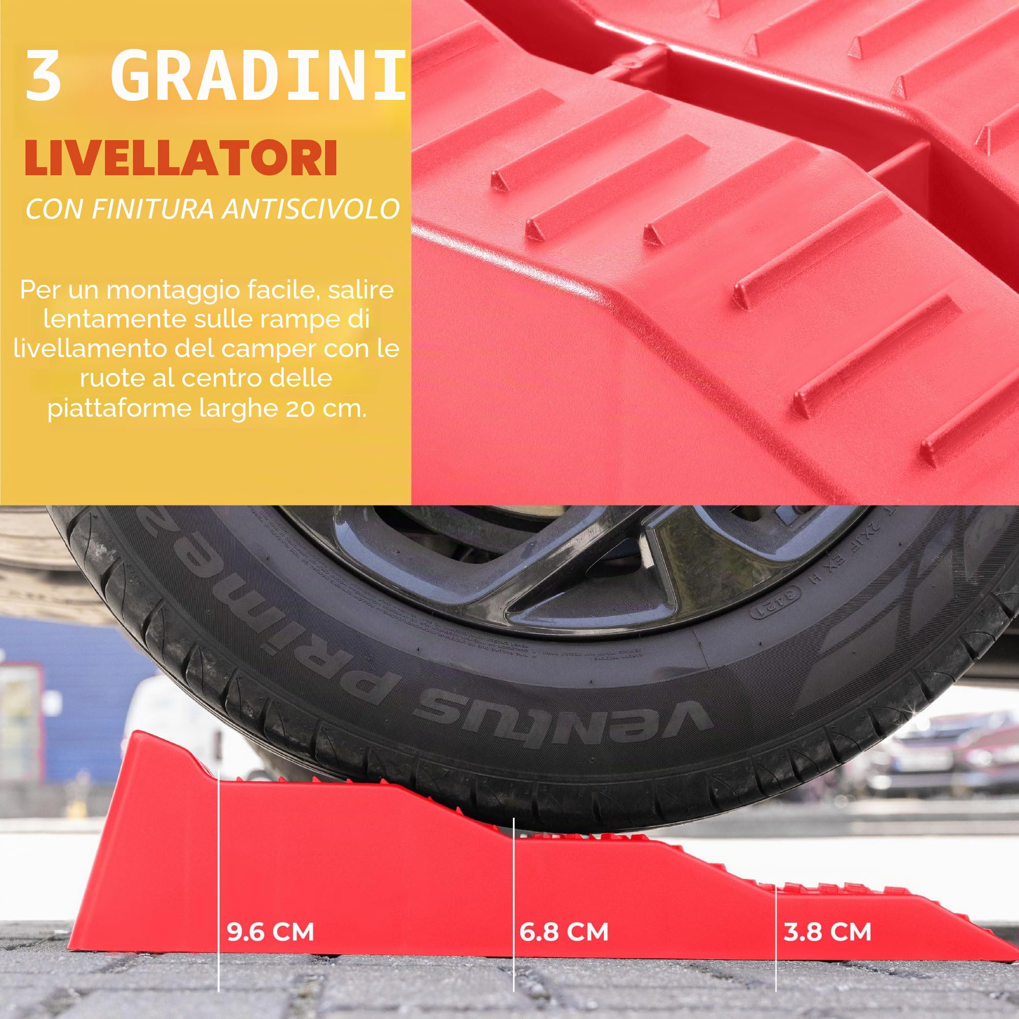GADLANE Cunei per Camper - 2 Pezzi Livellatori per Camper Resistenti con Scanalature Antiscivolo - per Auto, Caravan e Rimorchi (Capacità: 4,5 Tonnellate) - Rosso