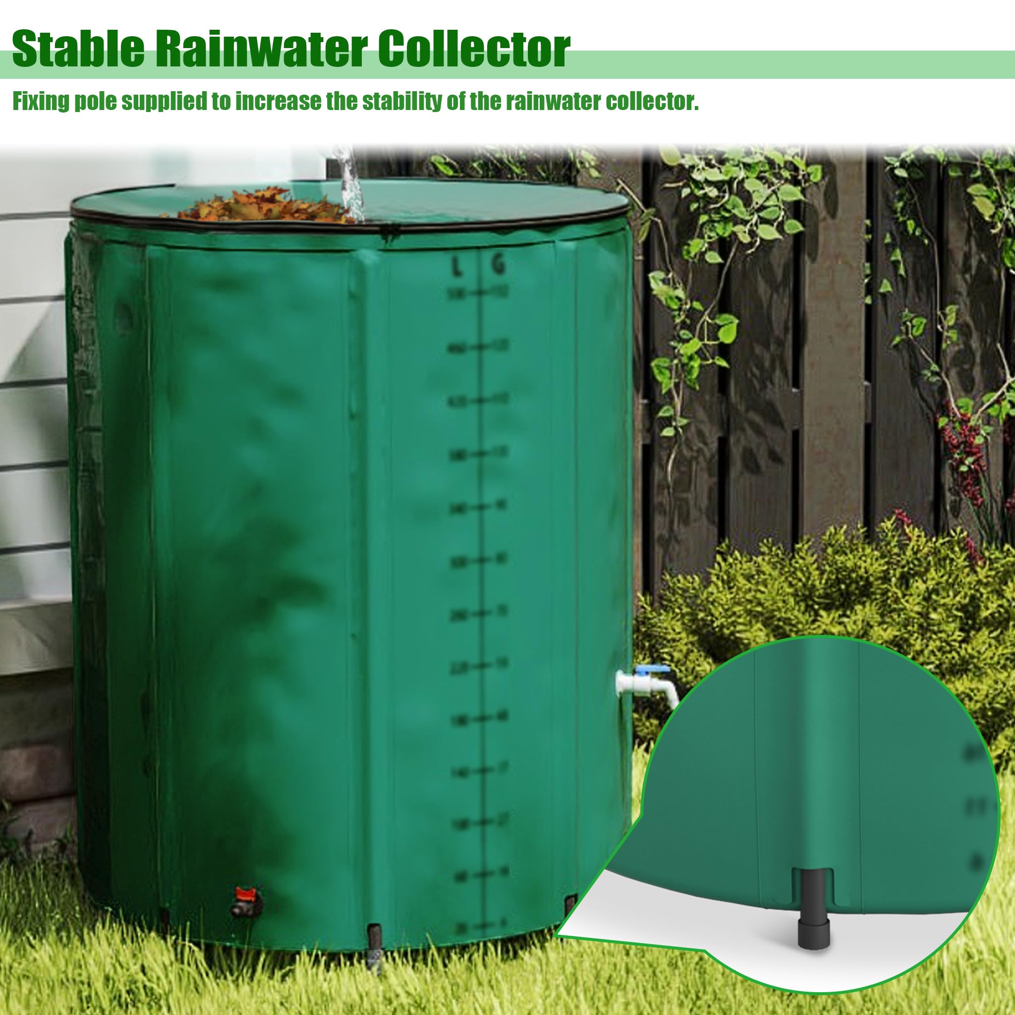 750L Faltbare Regentonnen 150 Gallonen Wasserauffangbehälter mit Wasserhahn, Skala & Ablauf Tragbare Regenwassertonne mit Stützstab Grün Wassertank zum Sammeln von Regenwasser Garten Regentank
