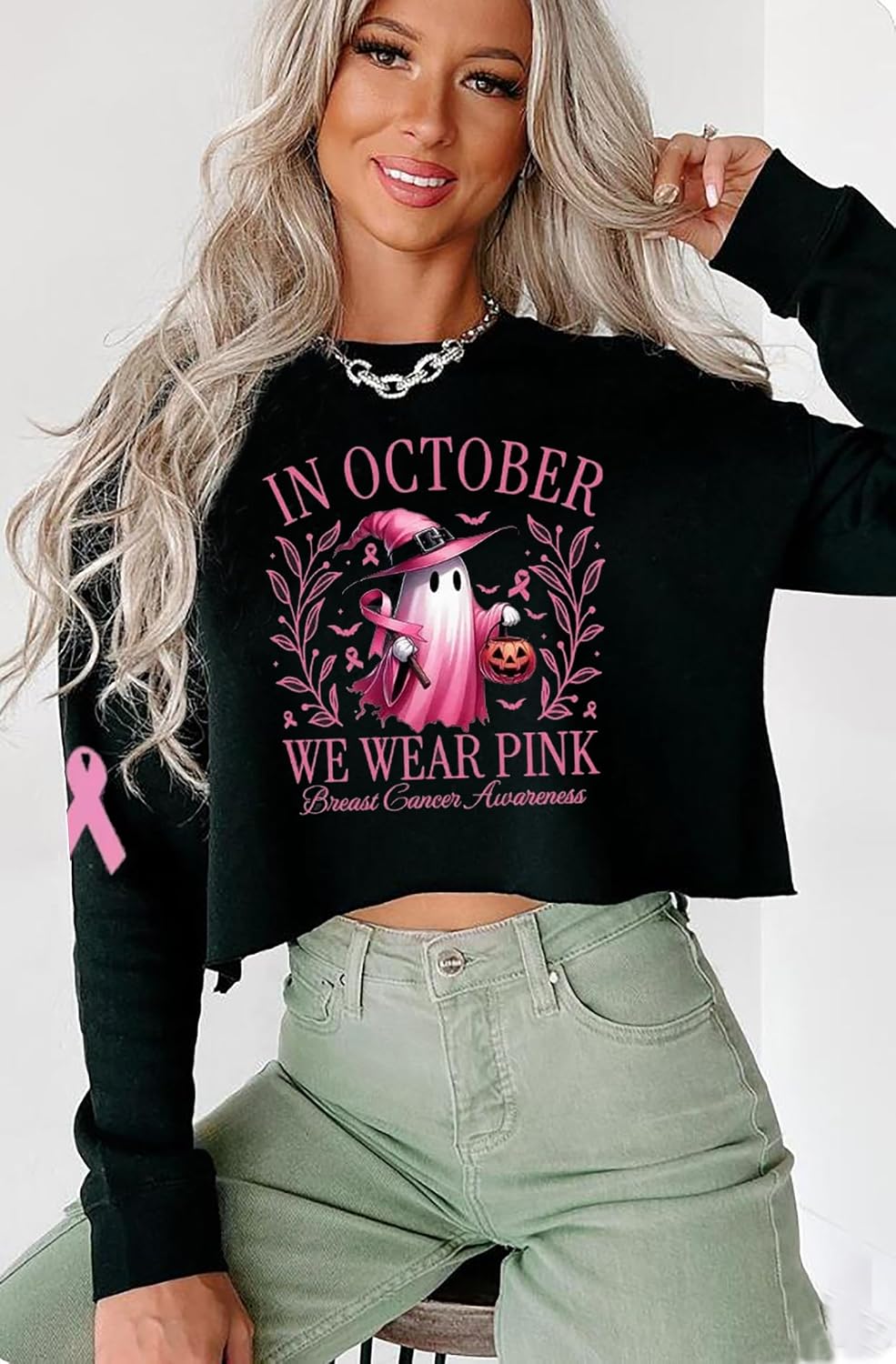 Halloween Crop Top for Women Long Sleeve Fall Casual Crewneck Spooky Season Graphic Ghost Shirt