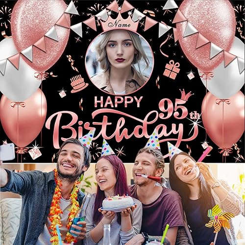Miniatura 6 de Cartel de feliz cumpleaños 95 de oro rosa con texto en inglés "Happy 95th Birthday", letrero grande de feliz cumpleaños 95 para patio, telón de