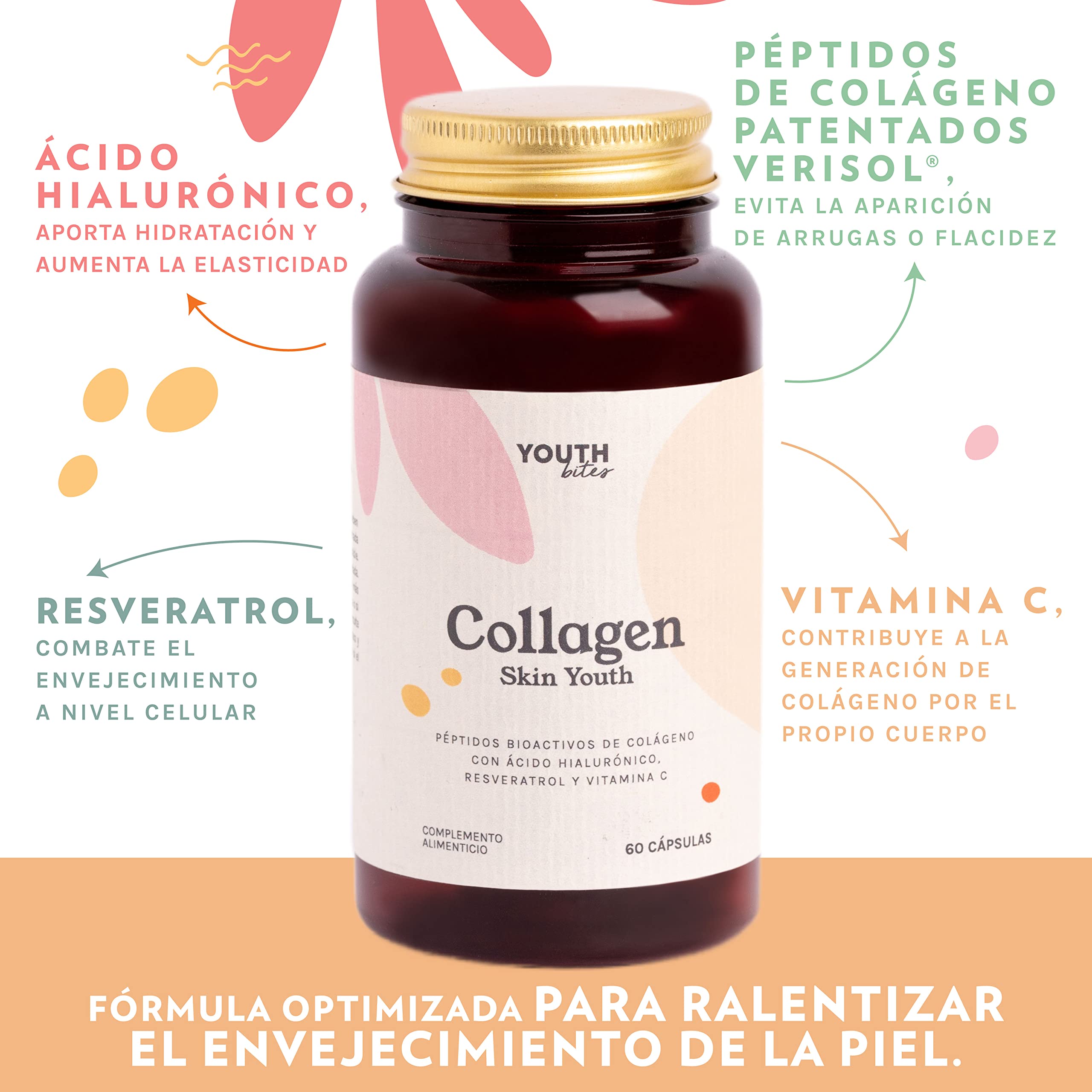 SKIN YOUTH COLÁGENO VERISOL ANTIEDAD - Patentado Verisol + Ácido Hialurónico + Resveratrol + Vitamina C + Péptidos Colágeno Bioactivos – Previene y Retrasa el Envejecimiento de la Piel - 60 cápsulas
