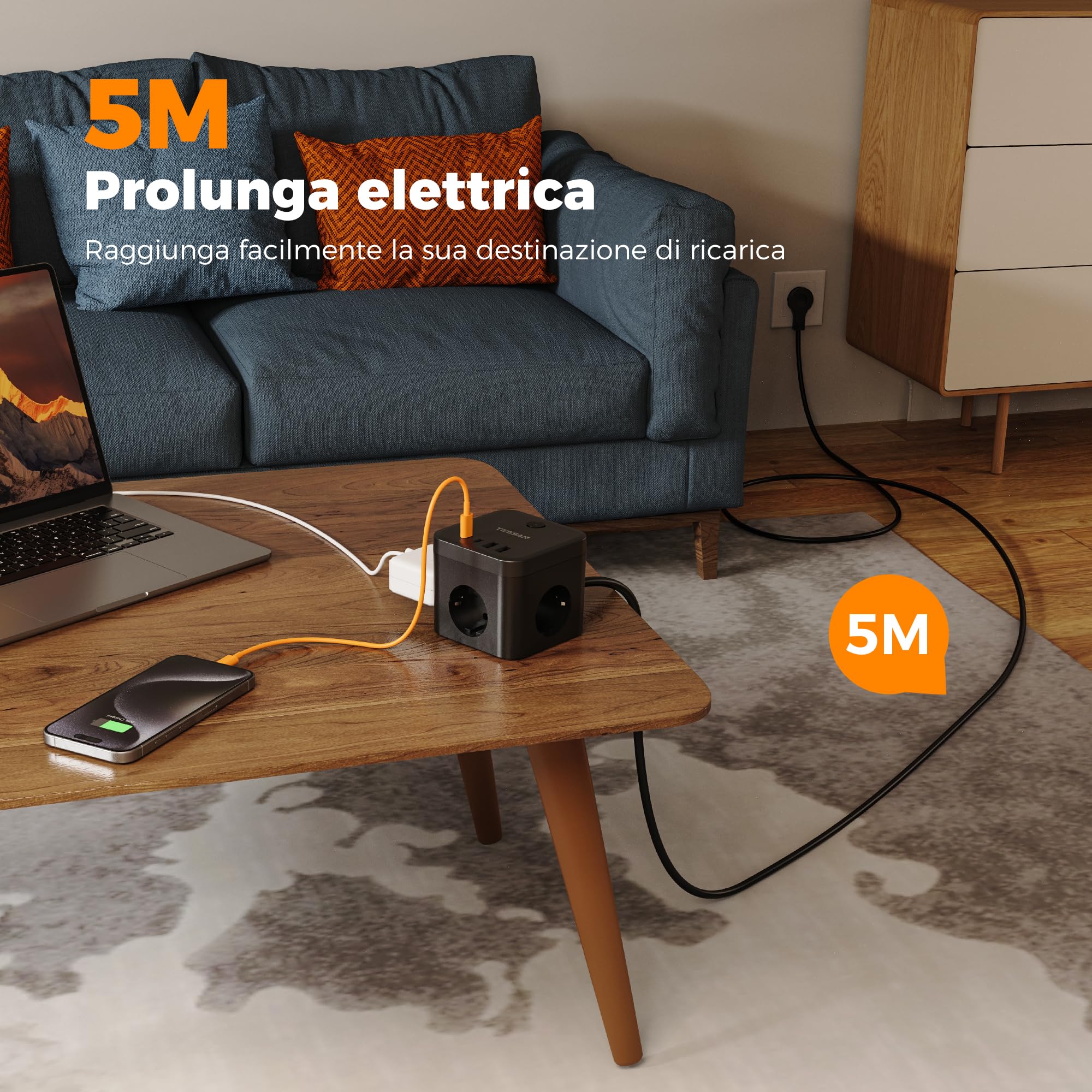 TESSAN Presa Multipla con Prolunga Elettrica 5 M, Ciabatta Multipresa con USB C PD 20W Ricarica Rapida, 3 AC Ciabatta Elettrica Cubo con 4 USB e Interruttore, Multipresa Salvaspazio, Nero, 3680W