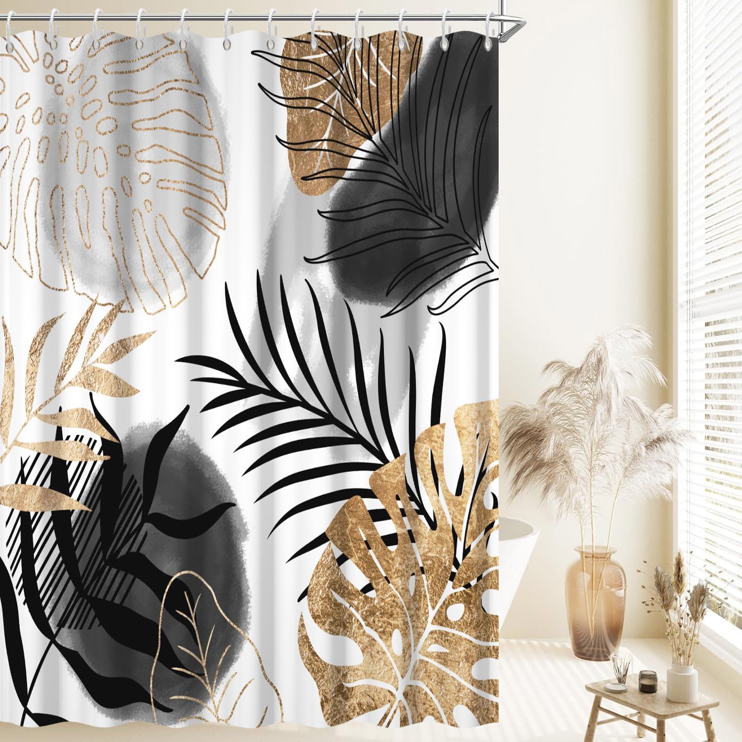 Boho Shower Curtains for Bathroom Mid Century Gold Grey Tropical Palm Leaves Minimalist Hotel Dorm Modern Waterproof Fabric Shower Curtain Set with Hooks 72x96 inches