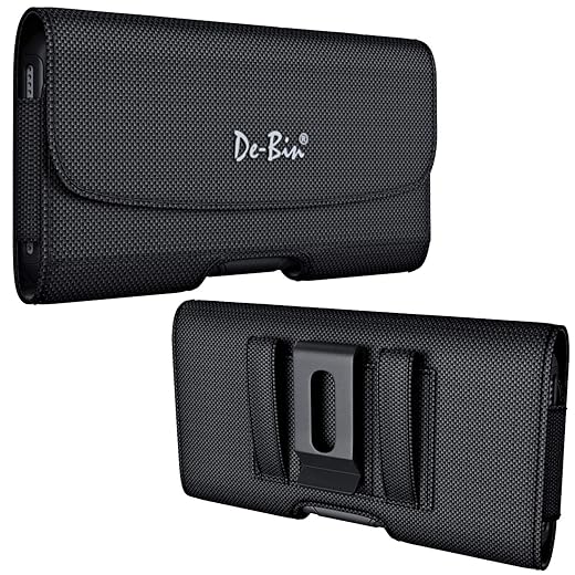 De-Bin Holster for iPhone SE, iPhone 8, 7, 6s, 6 – Nylon Cell Phone Belt Holder Case with Belt Clip Belt Loops Carrying Pouch Cover (Fits iPhone Models with Protective Cases on) Small Black