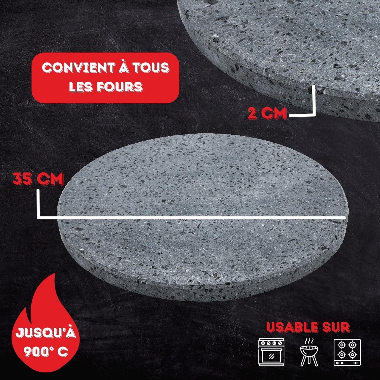 CUORE LAVICO – Kit plaque réfractaire en pierre de lave etnea ronde pour pizza diamètre 35 SP. 2 cm + pelle | four à gaz, électrique et barbecue pour pain et pince – Fabriqué en Italie