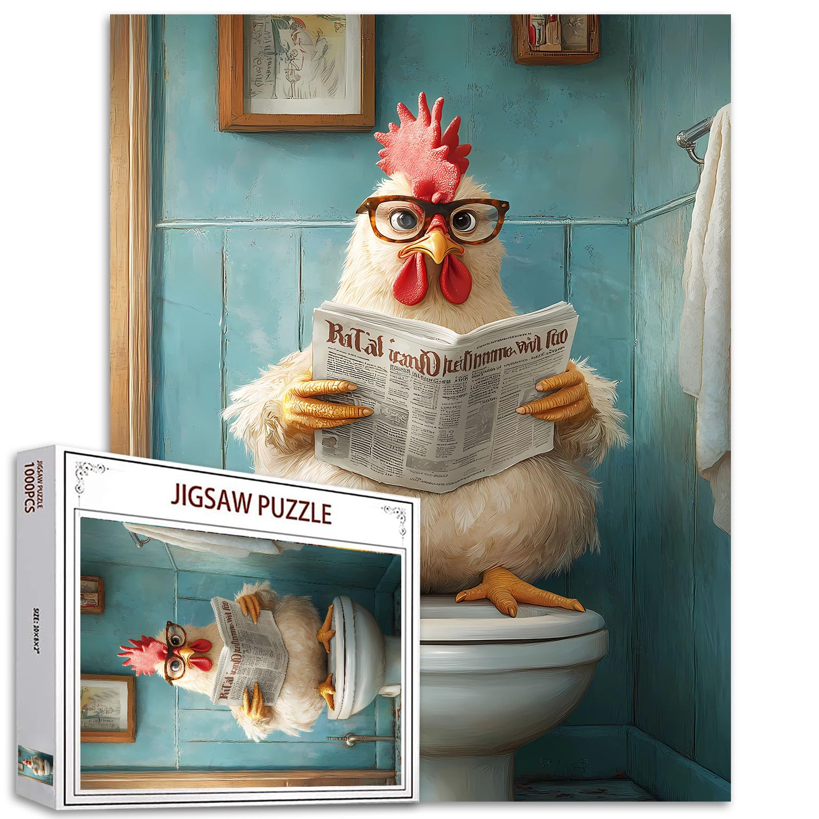 1000 Piece Rooster Toilet Seat Jigsaw Puzzles for Adults Rooster Newspaper Puzzles Animal Puzzle Challenging Family Activity Games Colorful DIY Craft Puzzle for Home Decor Gifts
