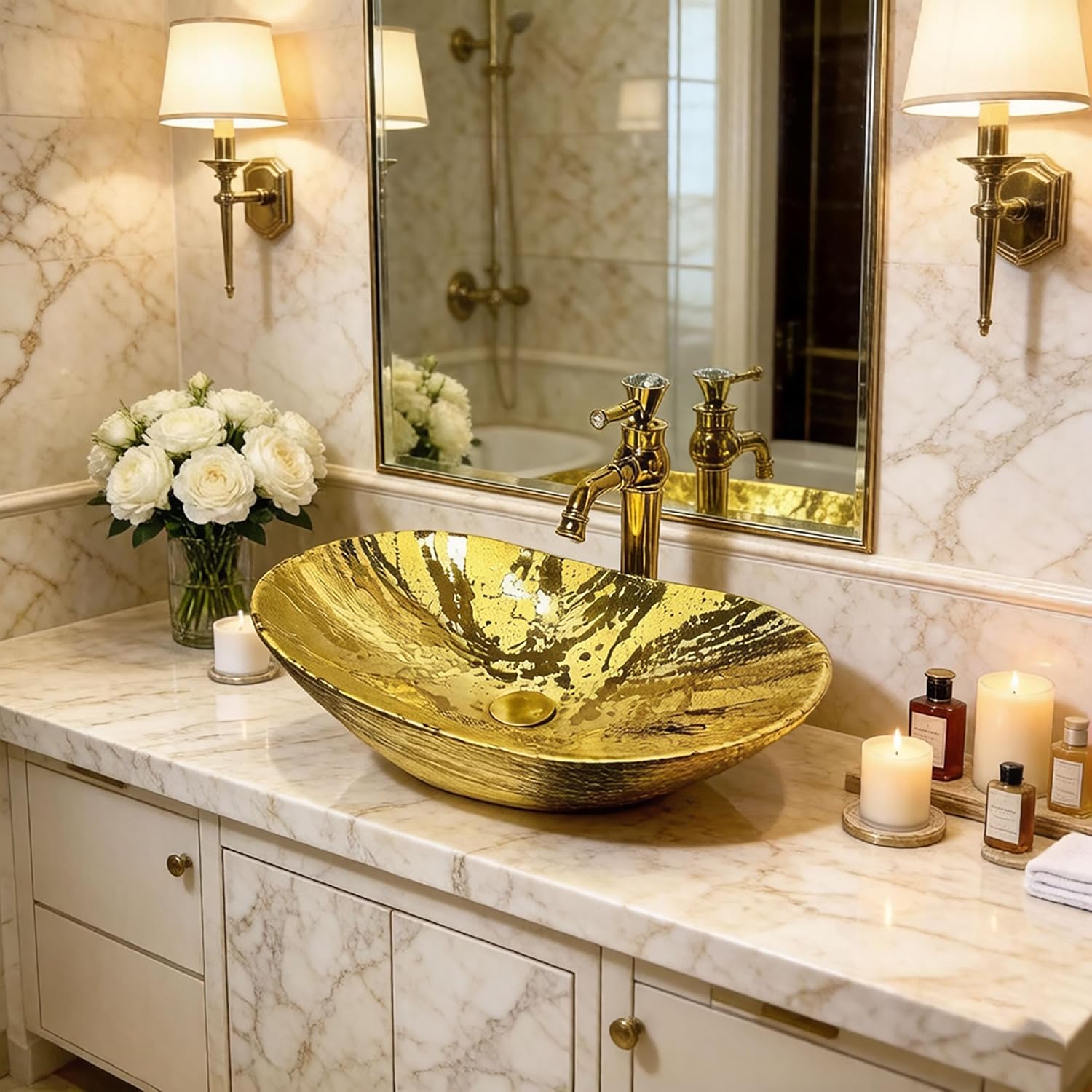 HOPESTAR Golden Art Washbasin Ceramic Vessel Sink, 23.6-inch Polished Finish Gold Ingot Shape Porcelain Bathroom Basin