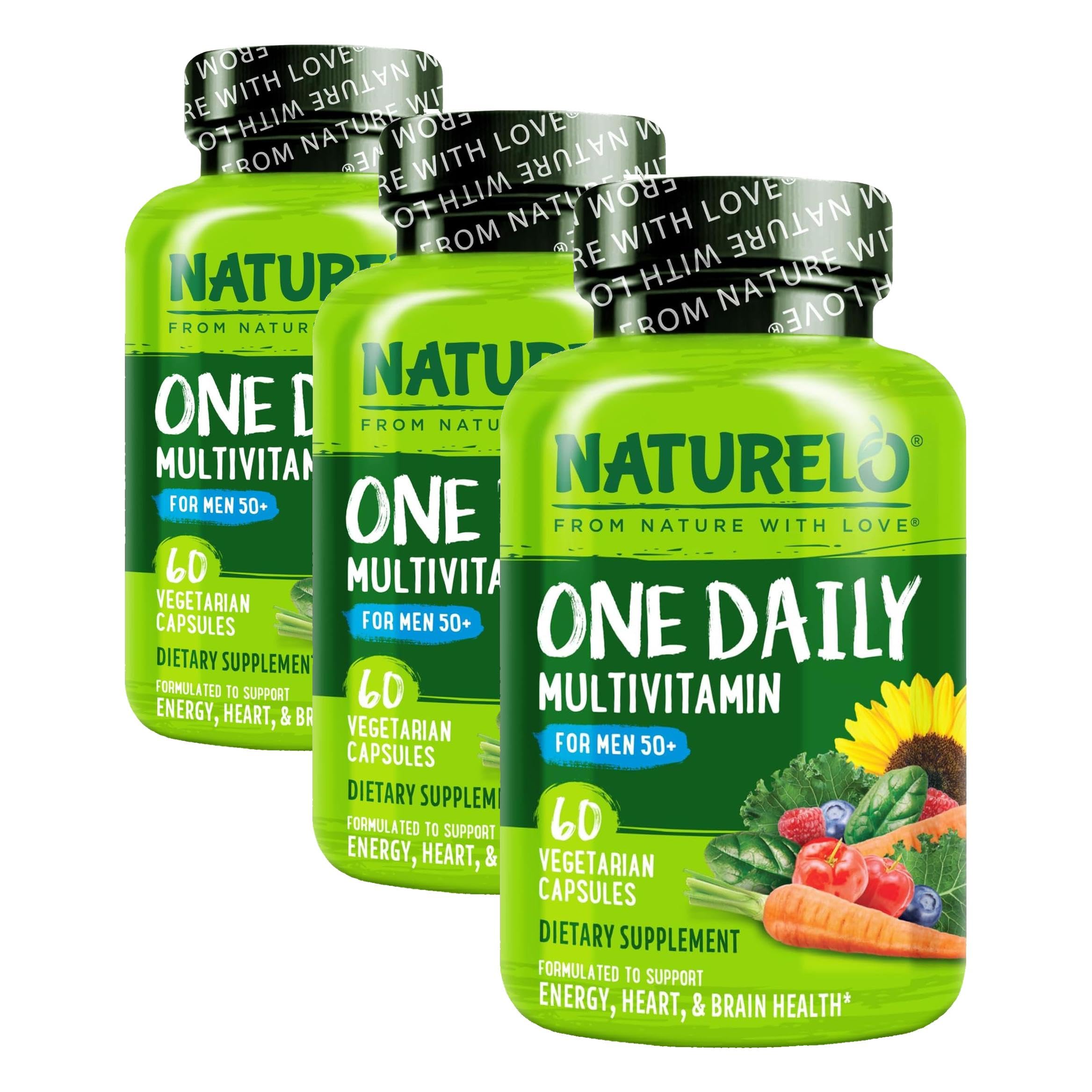 NATURELO Mens Multivitamins for Men 50+ - One Daily Multivitamin for Men with Vitamins, Minerals & Organic Whole Foods, Boost Energy & Health, Non-GMO, 60 Vegetarian Capsules (Pack of 3) 60 Count (Pack of 3)