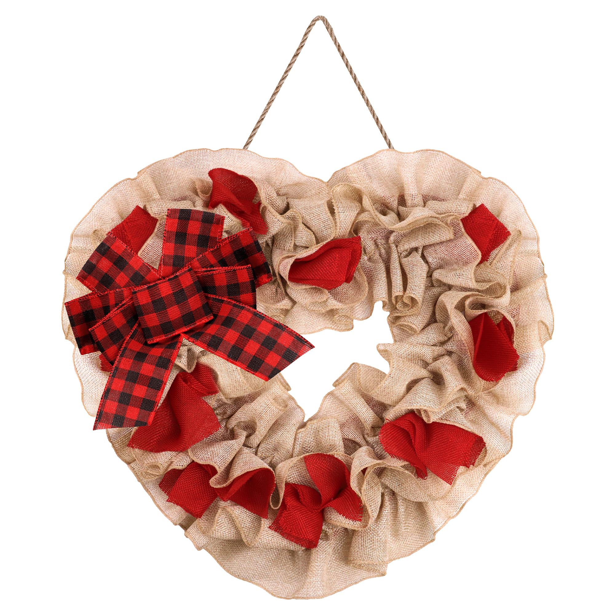 Valentines Day Wreath for Front Door, 17 Inches Burlap Heart Wreath, Valentine Door Wreath with Buffalo Plaid Bow, Farmhouse Valentine Day Decor Valentine Door Decorations for Home Outside
