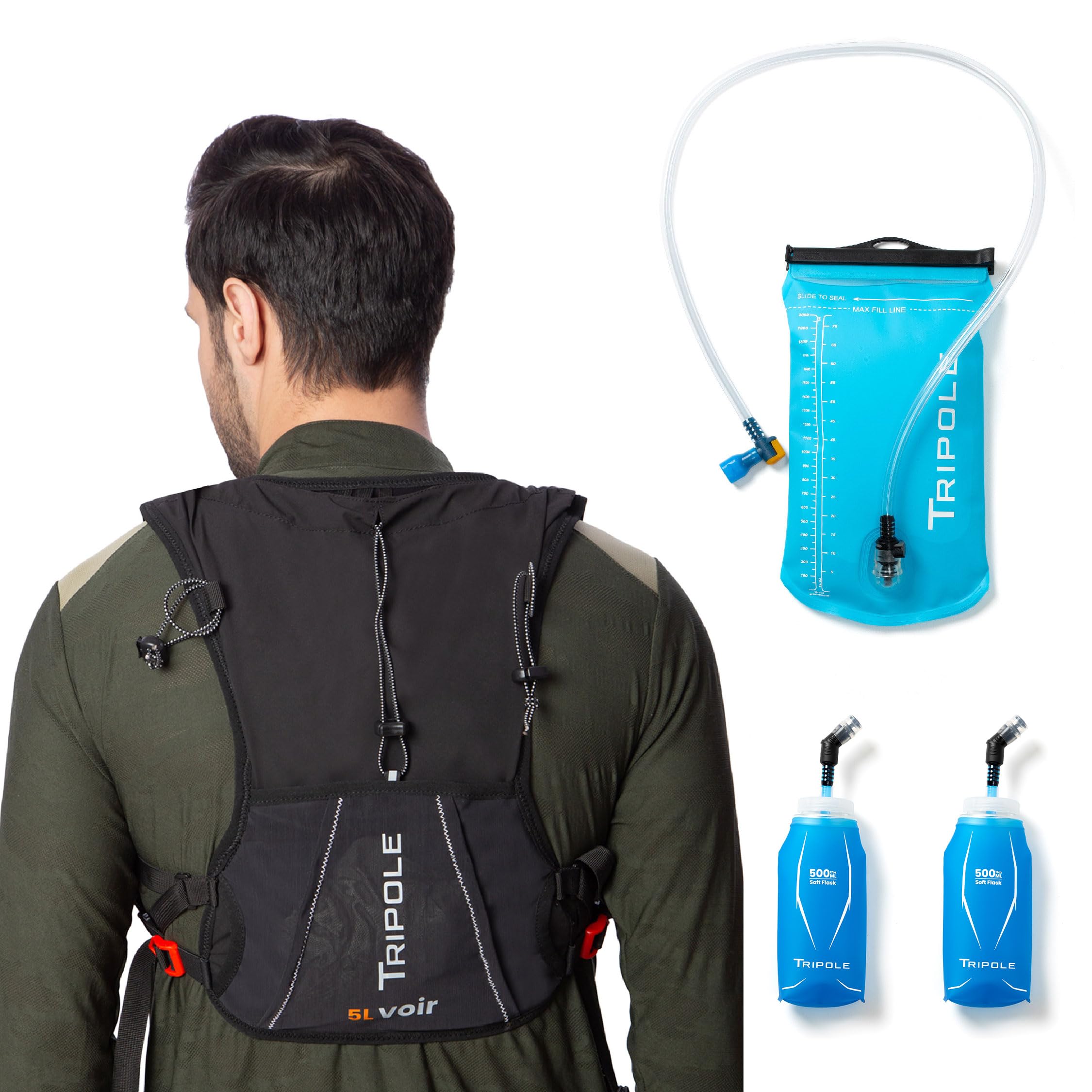 Tripole Voir Hydration Bag and Backpack for Trail Running and Cycling | 5 litres (Combo - 2L Bladder & 2 x Soft Flask)