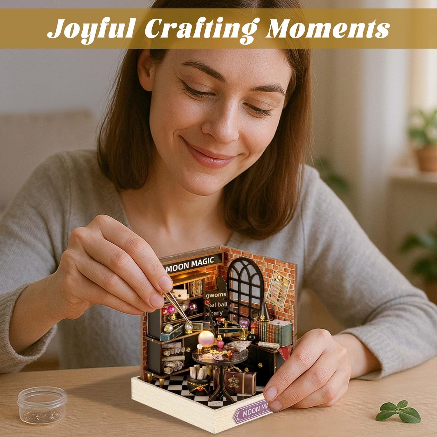 A person's hands assembling a miniature dollhouse kit, showing the intricate process of attaching small components.