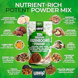 Wixar Mushroom Powder - Ten Treasure Mushrooms Extract Supplement Blend for Coffee & Smoothies - Lions Mane, Turkey Tail, Reishi, Chaga, Shiitake, Cordyceps, Complex - 4oz Mushroom Supplement