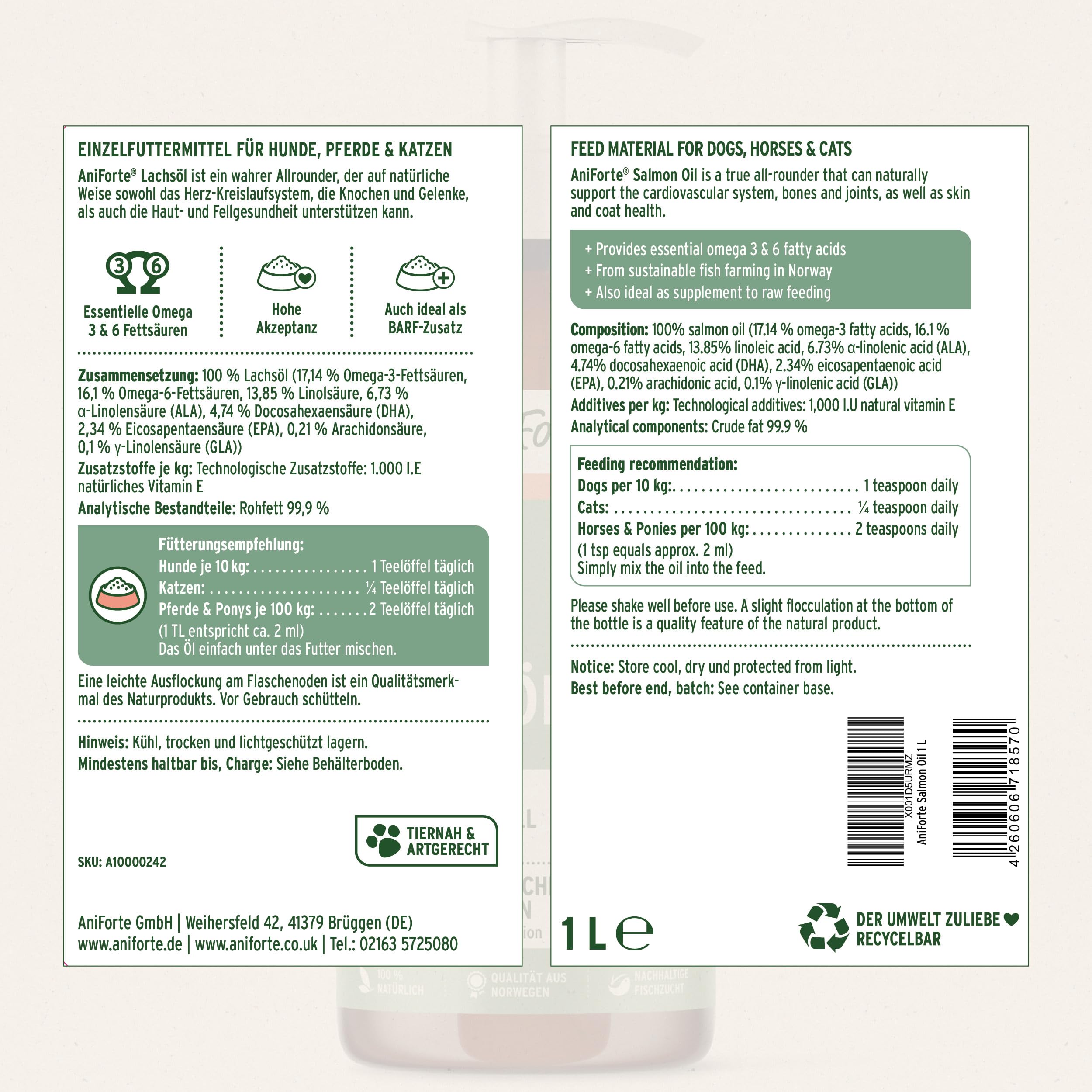AniForte Aceite de Salmón para Perros 1 Litro - 100% Natural. Contiene Ácidos Grasos Omega 3, EPA, DHA Y Linolénico. Beneficioso para Huesos Fuertes y Pelaje Brillante