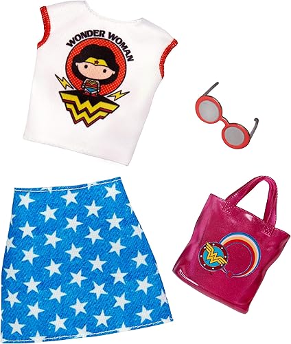 Barbie Ropa: Muñeca con traje de mujer maravilla con parte superior gráfica, falda con estampado de estrellas, bolso y gafas de sol, regalo para