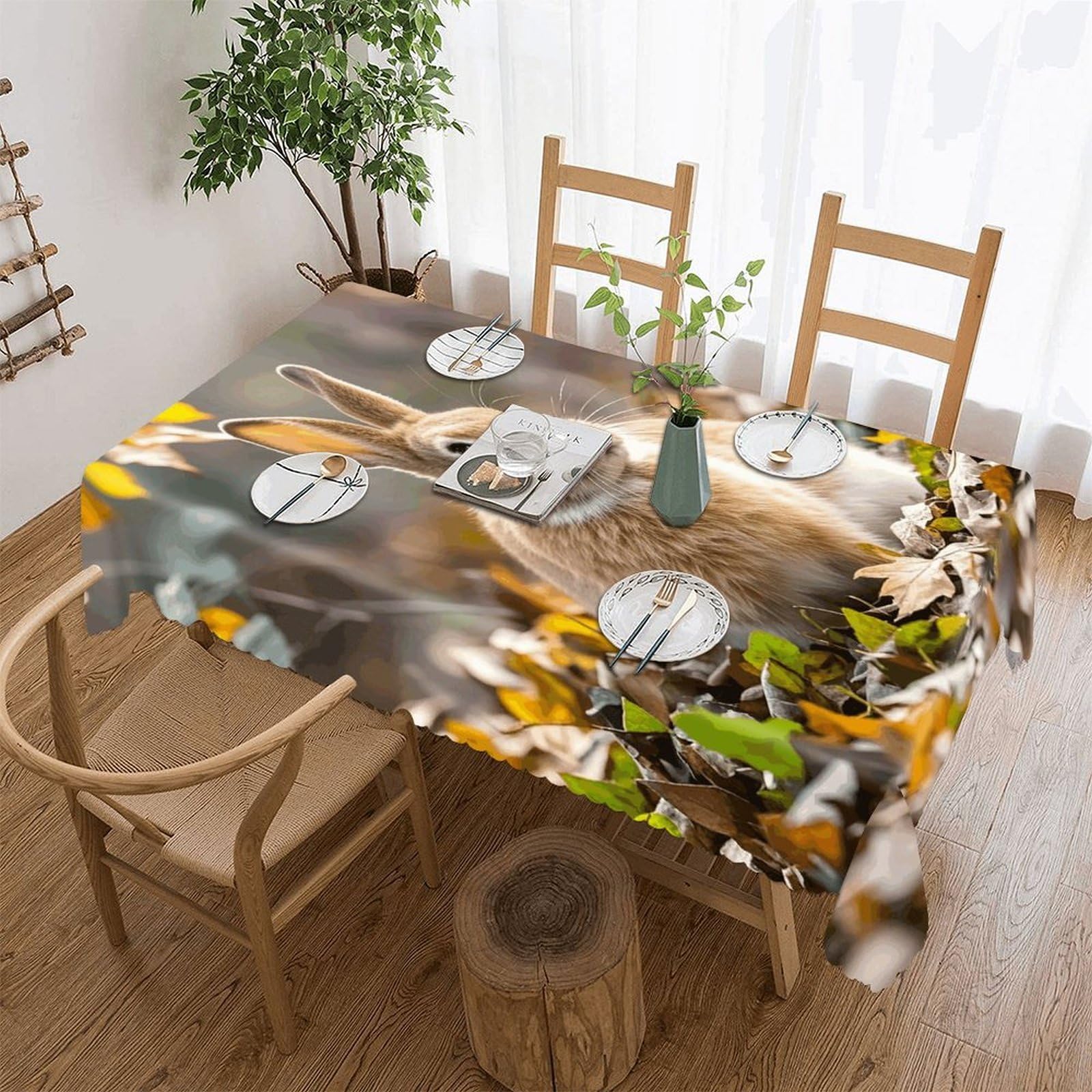 LZQPOEAS Rabbit in Leaves Tablecloth Rectangle Table Cloth Decorative Fabric Table Cover Waterproof Seasonal Table Cover Wrinkle Resistant Washable Table Cloth for Party Picnic Dinner Decor 60"x86"