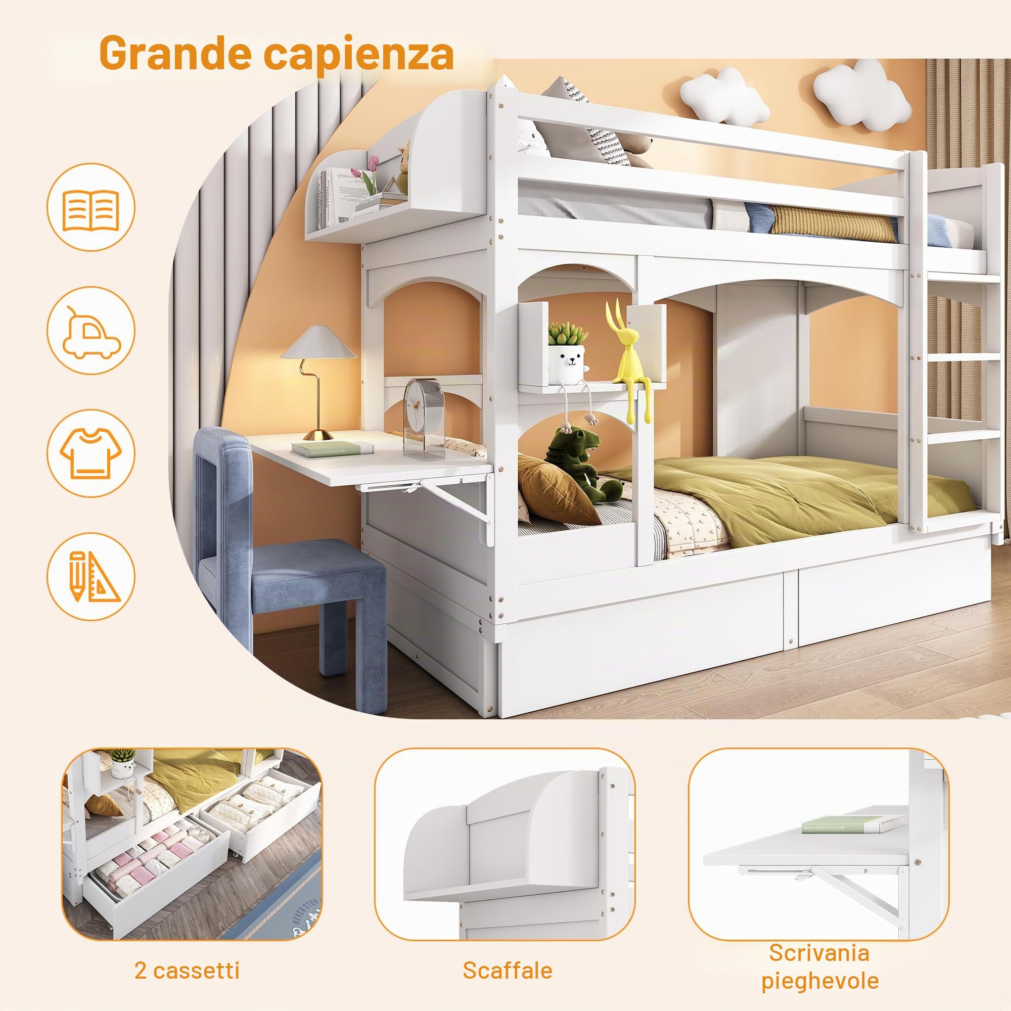 Letto a castello per bambini, 90 x 200 cm, letto matrimoniale, con scrivania pieghevole e mensola, con scala e 2 cassetti, senza materasso, legno massello, bianco
