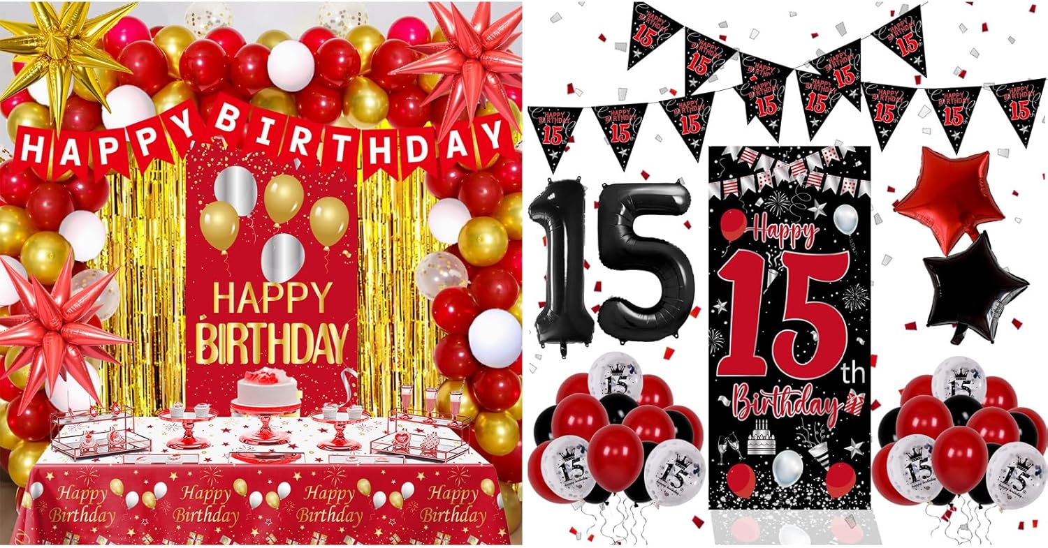 15th Birthday Decorations for Boys Girls, Red and Black Happy 15th Birthday Door Banner & Red and Gold Party Decorations, Red Birthday Decorations for Men Women