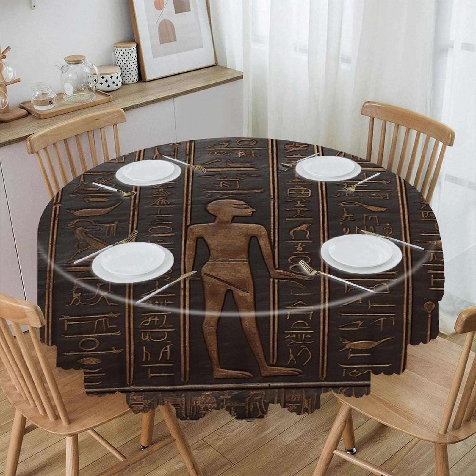VstaDank Ancient Egyptian Hieroglyph Round Tablecloth Wipeable Round Polyester Tablecloth Waterproof Wrinkle Free Indoor and Outdoor Table Cover 60 Inch Decorative Farmhouse Table Cloth for Dining