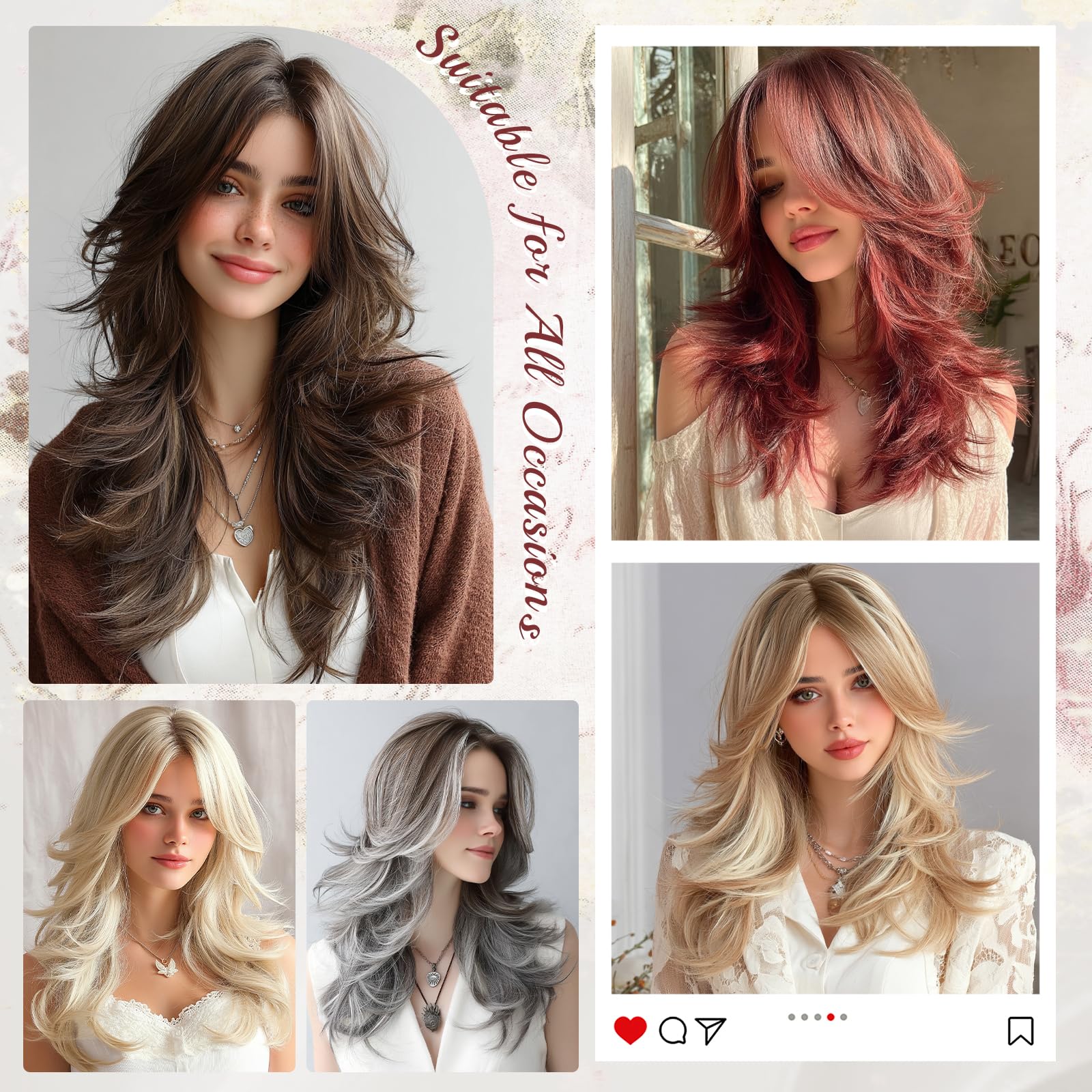 FESHFEN Parrucca Lunghe Ondulate con Frangia per Donne, 50 cm Castano Biondo Misto Parrucche Naturale Stratificato Sintetici Resistente Wig per Use Quotidiano le Feste e il Cosplay