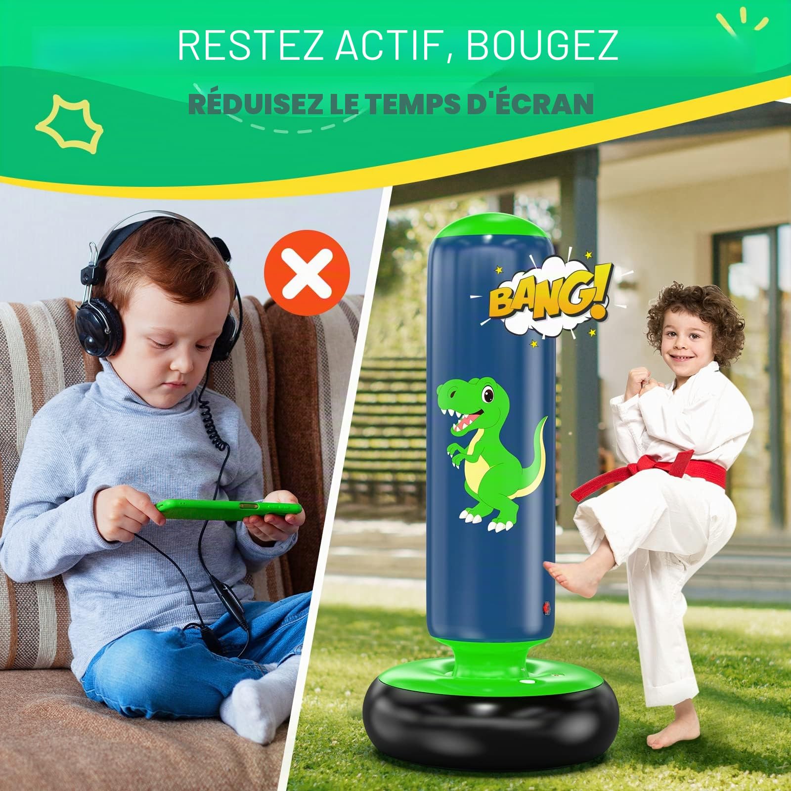 Sac de Boxe pour Enfants QPAU, Sac Boxe Gonflable Pied 3-8 Ans, Cadeaux Enfants, Set Debout Karaté Taekwondo
