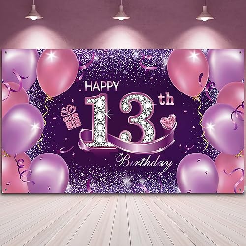 Decoraciones de fiesta de cumpleaños, tela grande, color rosa y morado, cartel de feliz cumpleaños del 13 aniversario, fondo de cabina de fotos con