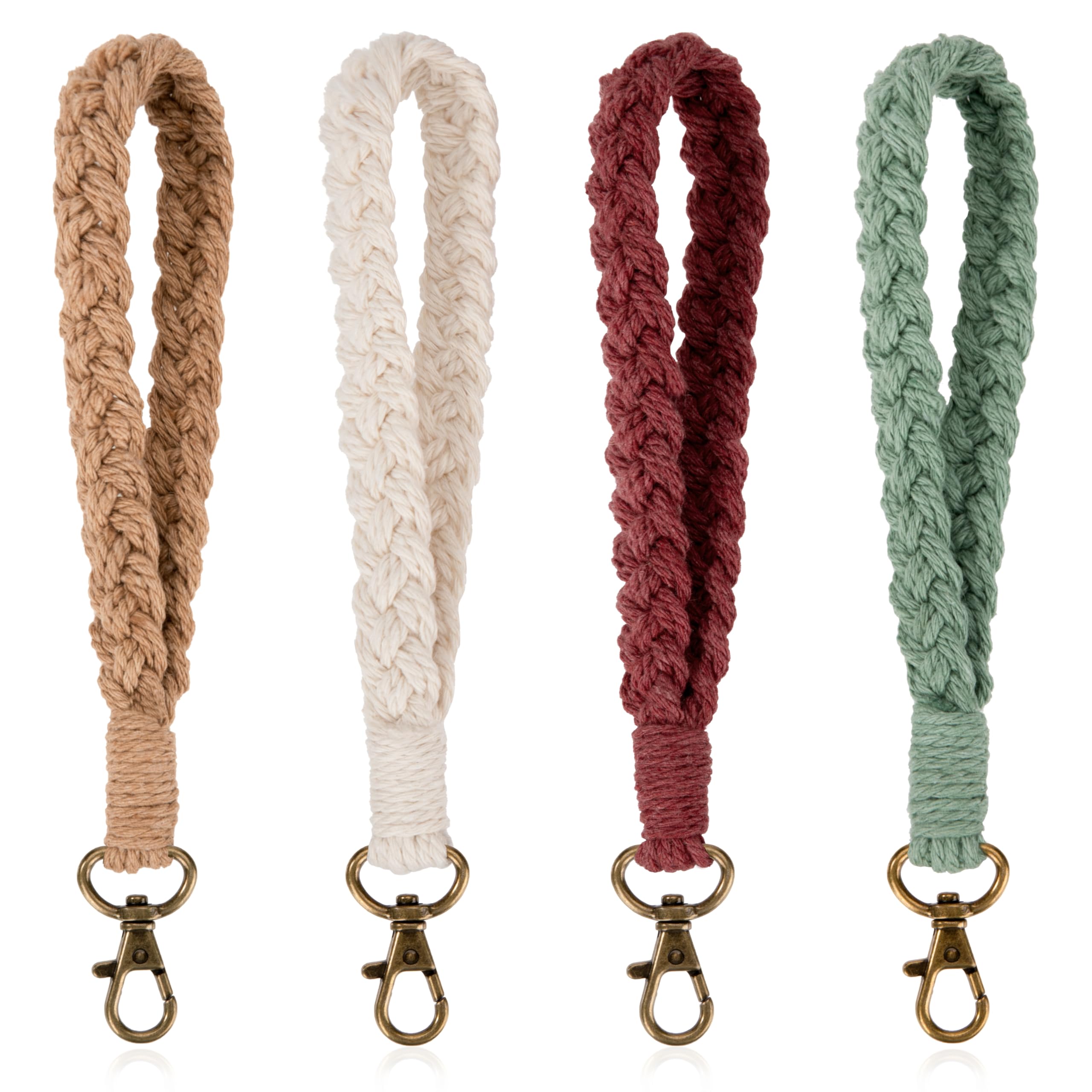 Lot De 4 Porte-clés En Macramé Bohème - Cordon Tressé Noir, Beige, Vert, Violet - Avec Mousqueton - 8