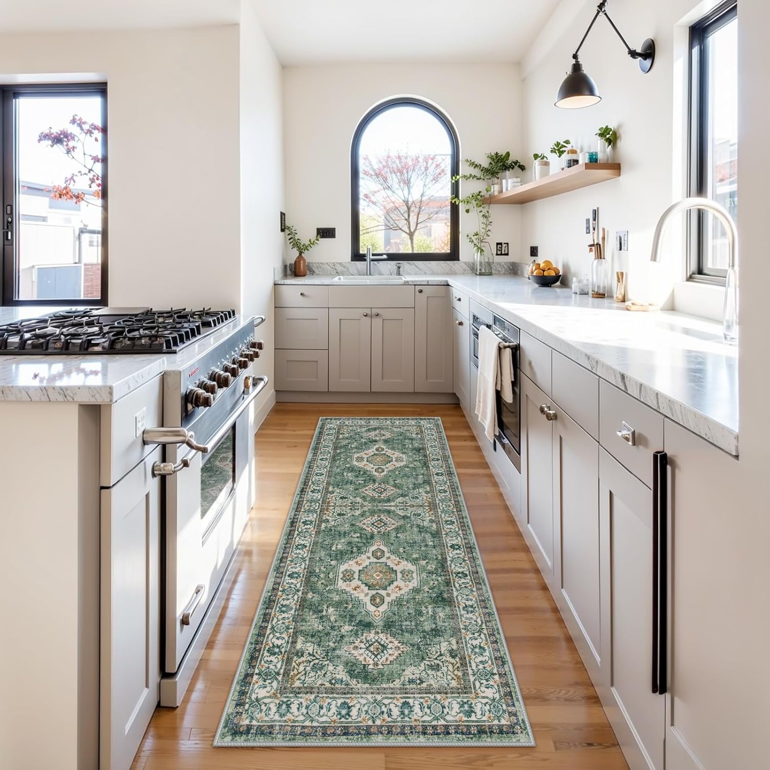 Green Floral 2' x 6' Washable Non-Slip Runner Rug