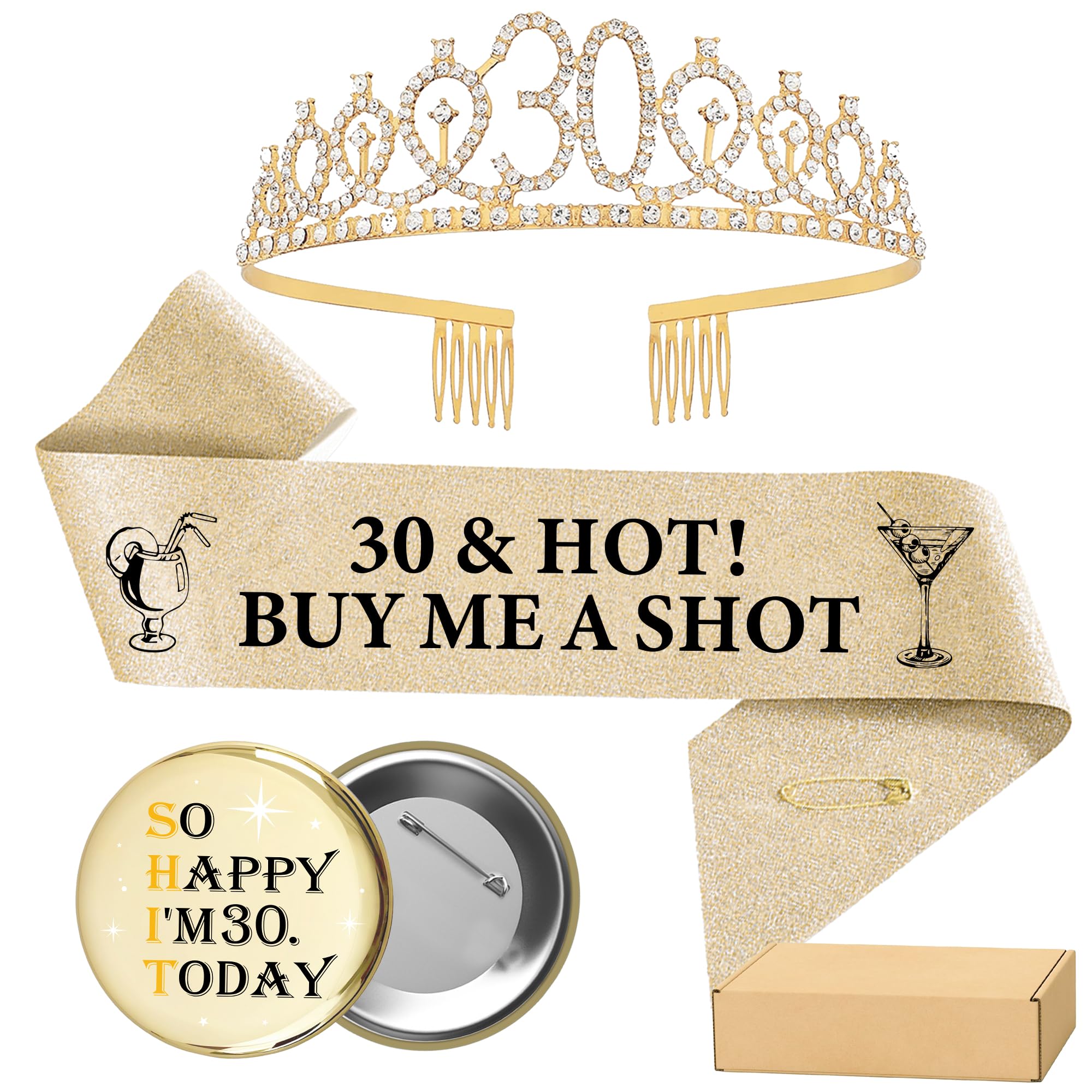 30th Birthday Sash Tiara Badge - 3 Pcs Champagne Gold 30 & Hot Buy Me A Shot Sash So Happy I'm 30 Today Badge Number 30 Rhinestone Crown for Women 30th Birthday Decorations Supplies and Gifts
