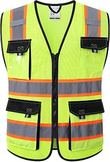 JKSafety Hi-Vis Reflective Safety Vest Men Women Mesh with 8 Pockets ANSI/OSHA Compliant Yellow Large