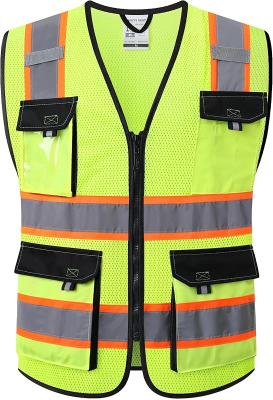 Safety Vest for Men Women Hi Vis Reflective Vest JK220 Yellow L | ANSI Class 2, 5 utility Pockets 4 Reflective Strips High Visibility Mesh Fabric Construction Safety Apparel Neon for Work