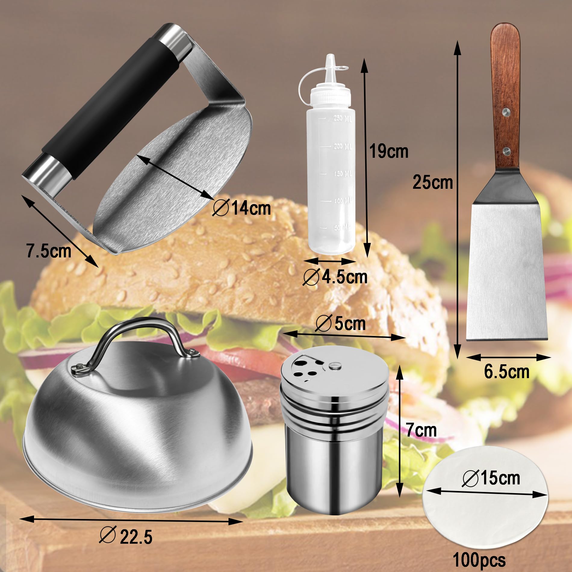 Hmfmdy Kit pressa per hamburger, spatola per hamburger e spatola per hamburger in metallo, coperchio per imbastitura, shaker per draga per spezie, carta a disco di cera, bottiglie da spremere, kit di