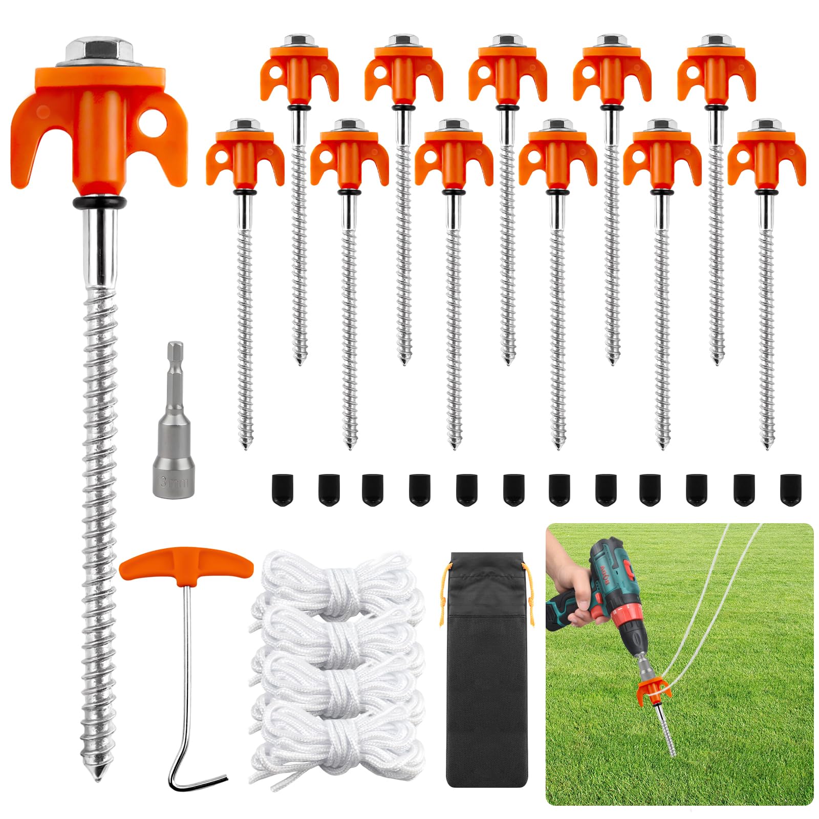 HA BIN 12x Picchetti per Tenda 20cm a Vite – Chiodi da Terra in Acciaio con Filettatura, Picchetti da Campeggio Antivento con Bussola Esagonale, Estrattore, Corde & Borsa – per Tende e Ombrellone