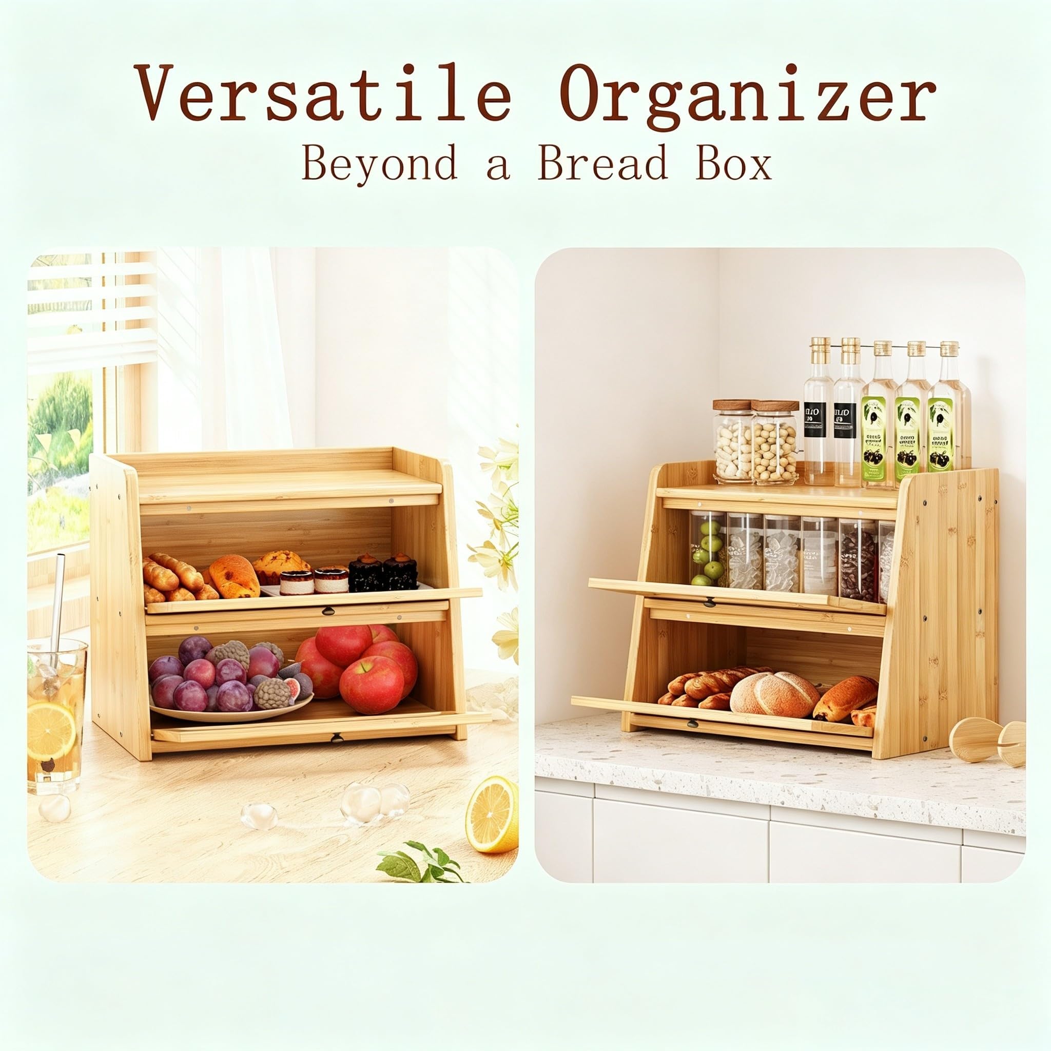 Panera grande de bambú de doble capa para encimera de cocina, contenedor de almacenamiento de pan de madera de gran capacidad con ventana para pan (bambú natural)
