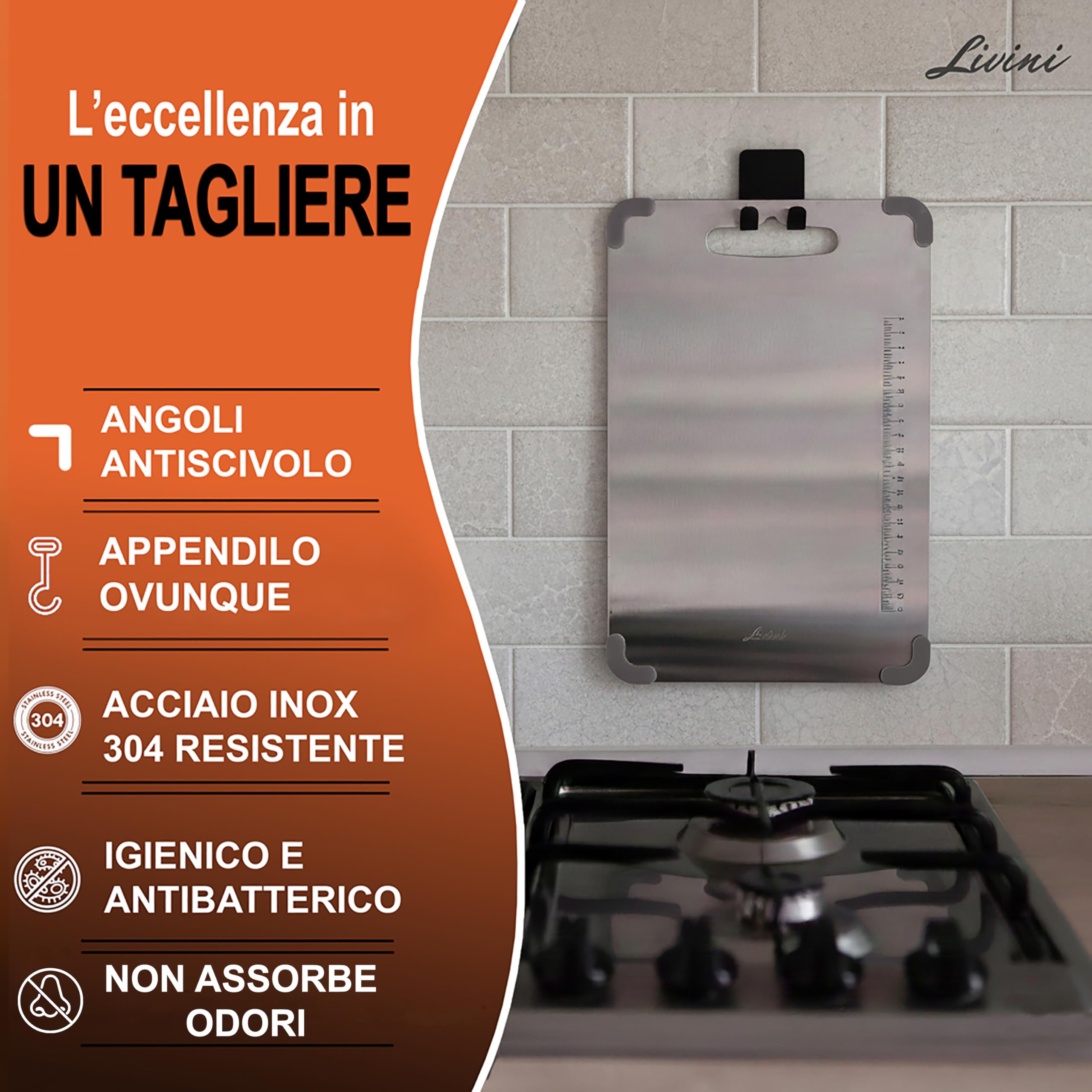 LIVINI Tagliere in Acciaio Inox 304 Alimentare 34x23cm, Tagliere da Cucina Professionale con Angoli Antiscivolo Rimuovibili in Silicone Antibatterico, Righello inciso per un Taglio preciso