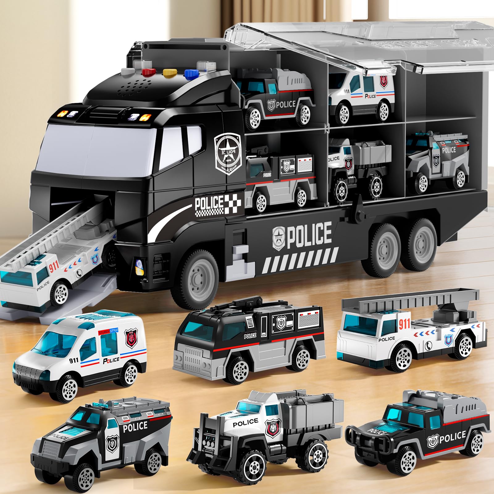 Toddler Boys Toys for 3 4 5 6 Years Old, Police Truck Vehicle Toy Set with Play Mat and Die-Cast Toy Car, Transport Carrier Truck for Kids, Birthday Gifts Toys for 3 4 5 6 7 8+ Year Old Boys