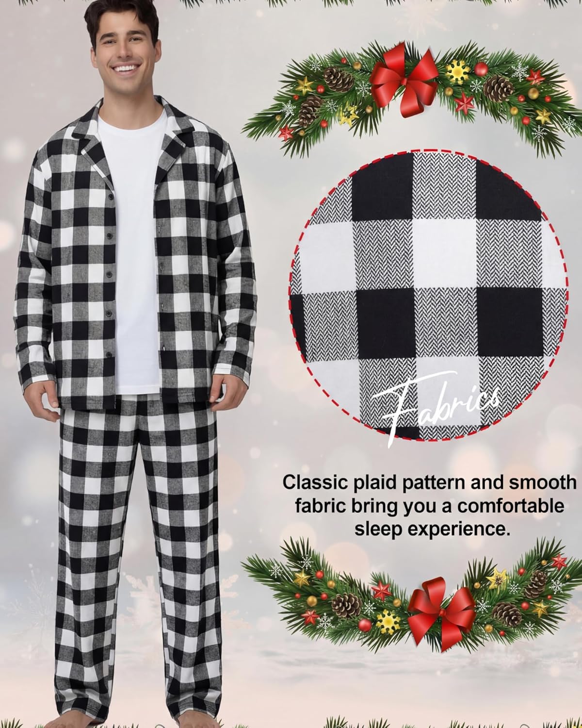 Hillban Couple Matching Christmas Pajamas Set Family Black White Plaid Buffalo Pajamas Button Long Sleeve Pjs for Adult Youth - Image 4