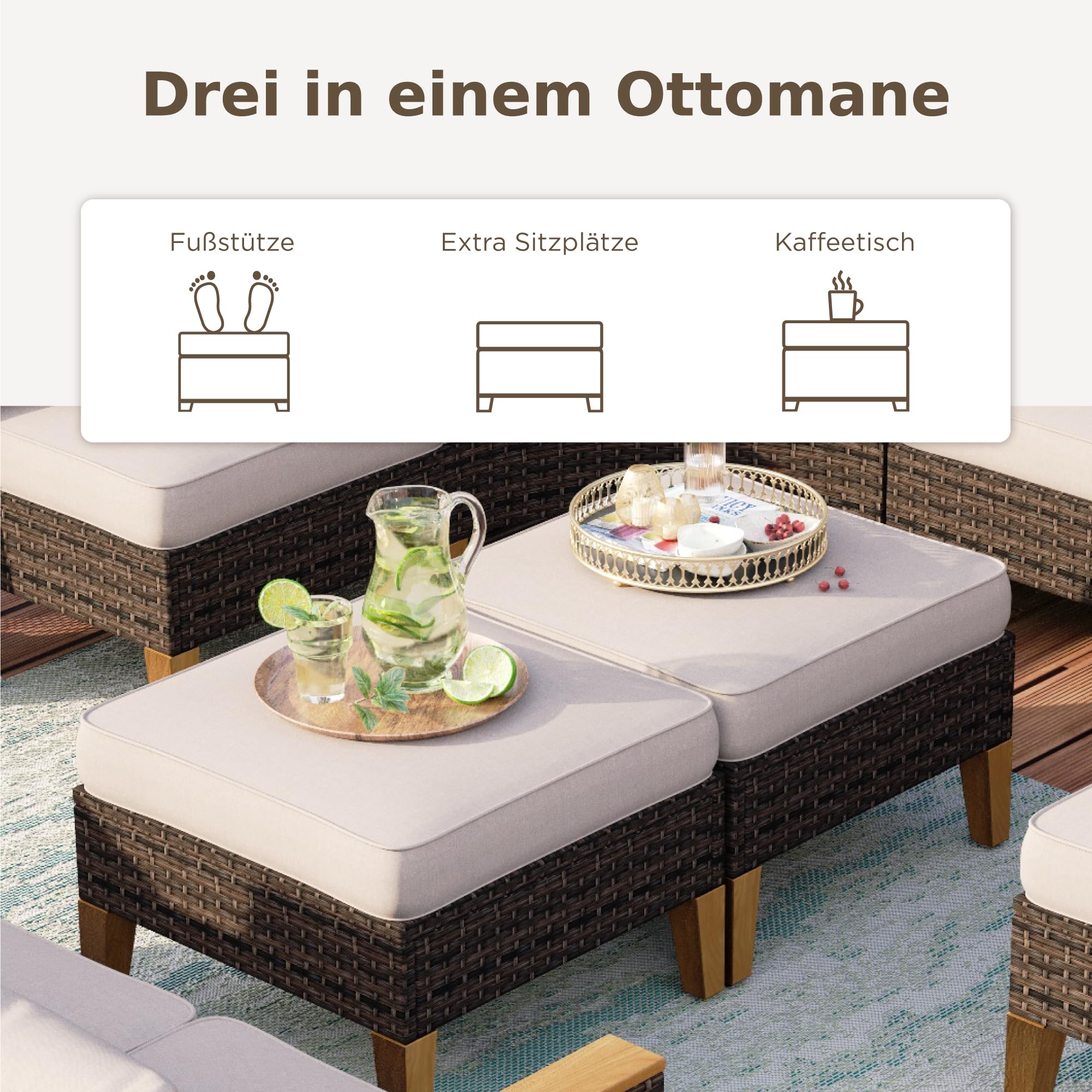 PHI VILLA 5‑Sitzer Rattan Gartenmöbel Set Balkonmöbel, Lounge Möbel Outdoor Gartenlounge Set für 5, Terrassenmöbel Modulare Möbel mit Dick Gepolsterten Kissen für Garten und Terrasse, Beige & Braun