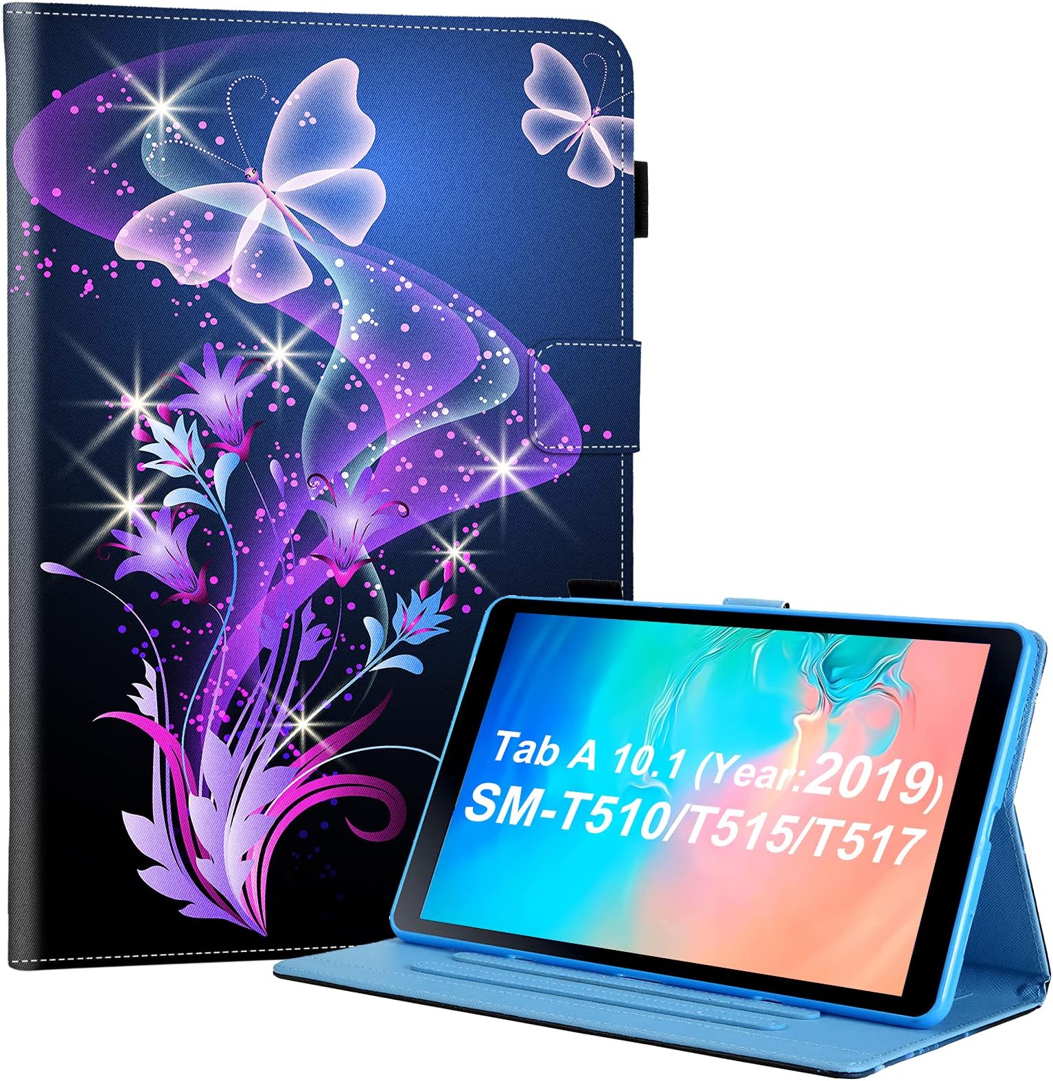 Dteck for Galaxy Tab A 10.1" Cute Tablet Case 2019 Release with Stylus, Adjustable Viewing Angle Stand, PU Leather Protective Folio Cartoon Cover for Samsung SM-T510/SM-T515/SM-T517, Purple Butterfly