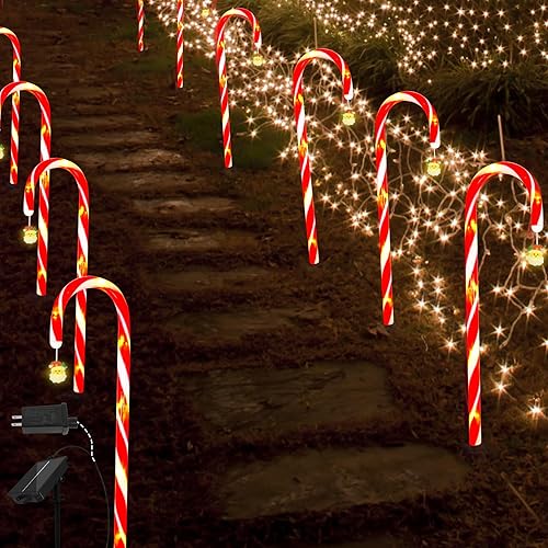 Luces de Navidad para exteriores, impermeables, 10 piezas de 21 pulgadas, luces solares de bastón de caramelo para exteriores con 8 modos de