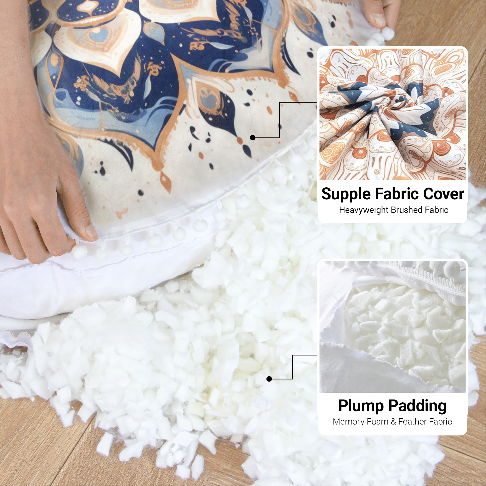 Cojín de Meditación Redondos, Almohada de Suelo con Funda Extraíble y Lavable, 80 cm Cojín de Yoga Ergonómico con Detalles de Pompones, Uso Interior/Exterior, marrón