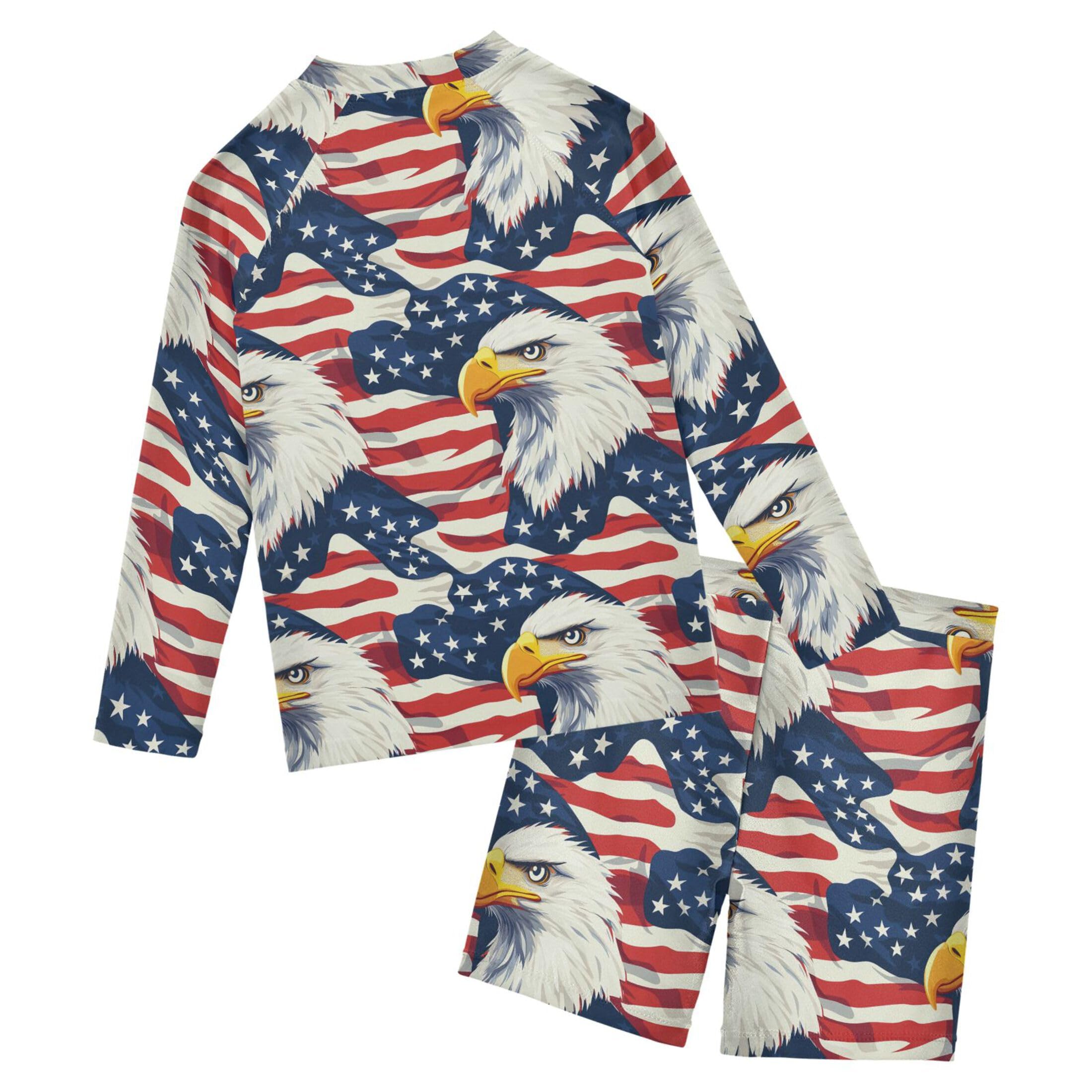 4th of July Bald Eagle American Flag Baby Boys' Toddler Long Sleeved Rashguard Swim Bathing Suit Set B0404283