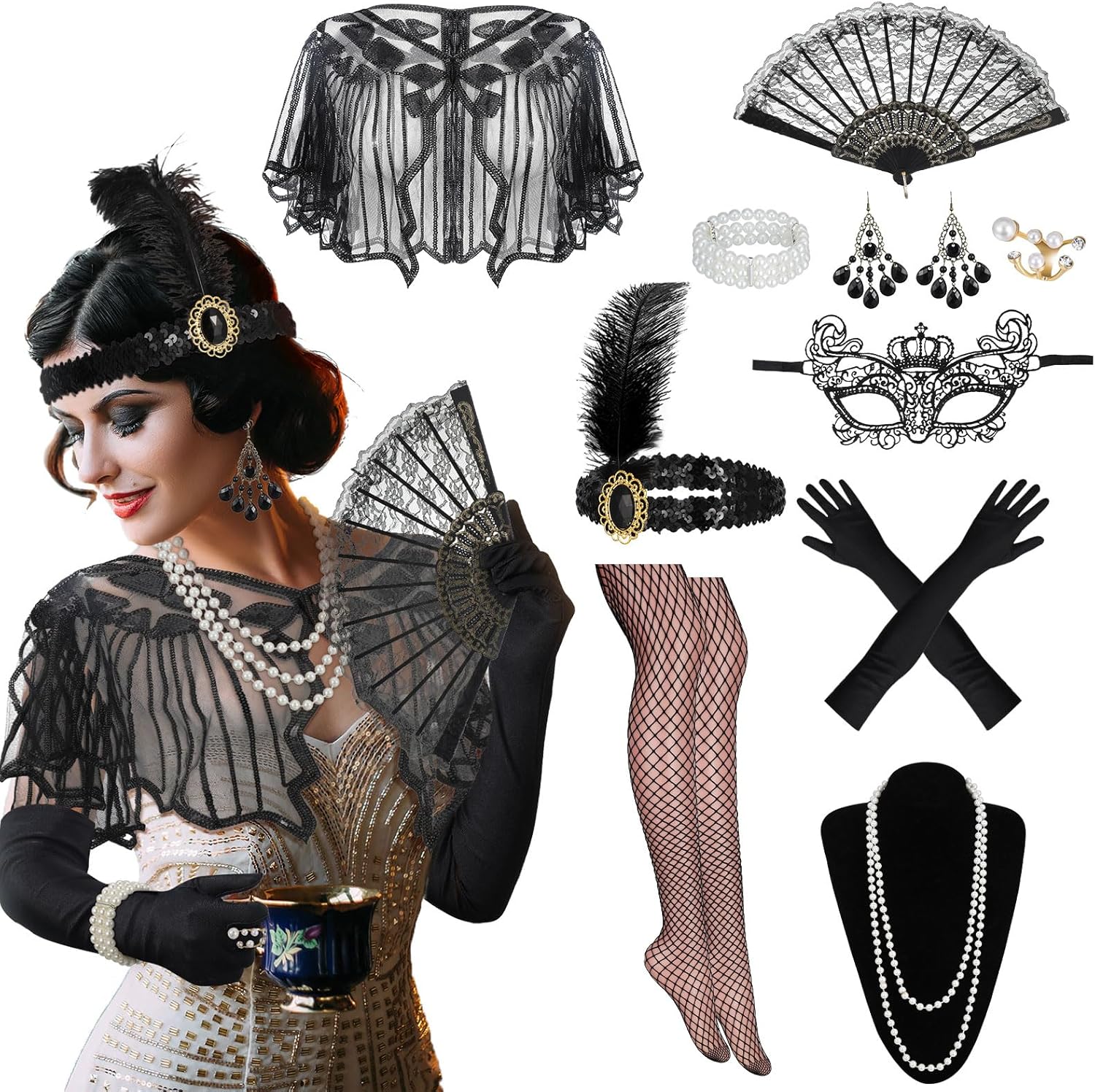 10 Pcs 1920s Flapper Accessories Set for Women, Roaring 20s Accessories Flapper Costume for Women