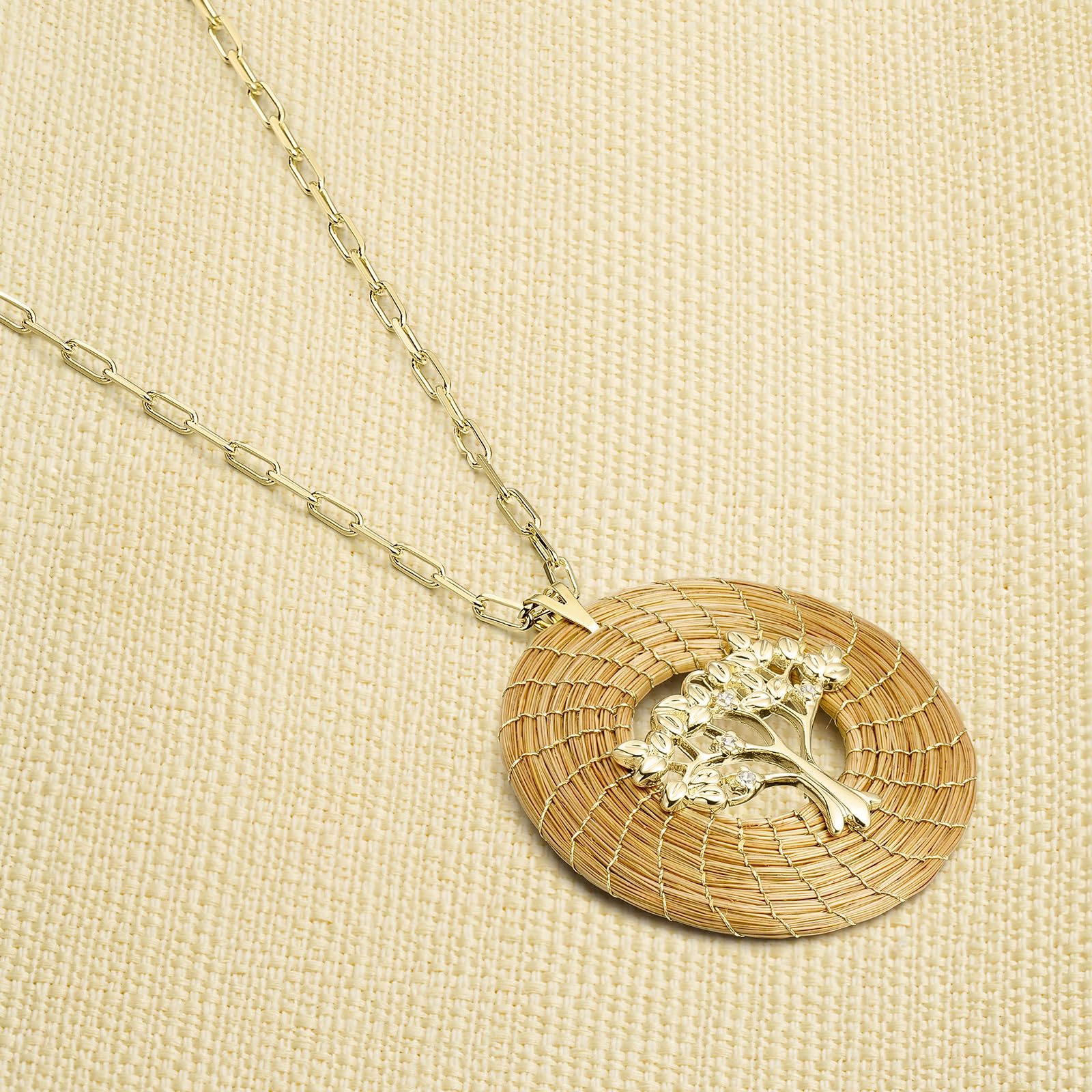 Collar Árbol de la Vida de Oro Vegetal 45 mm con Cadena Chapada en Oro | Joyería de fibra natural dorada