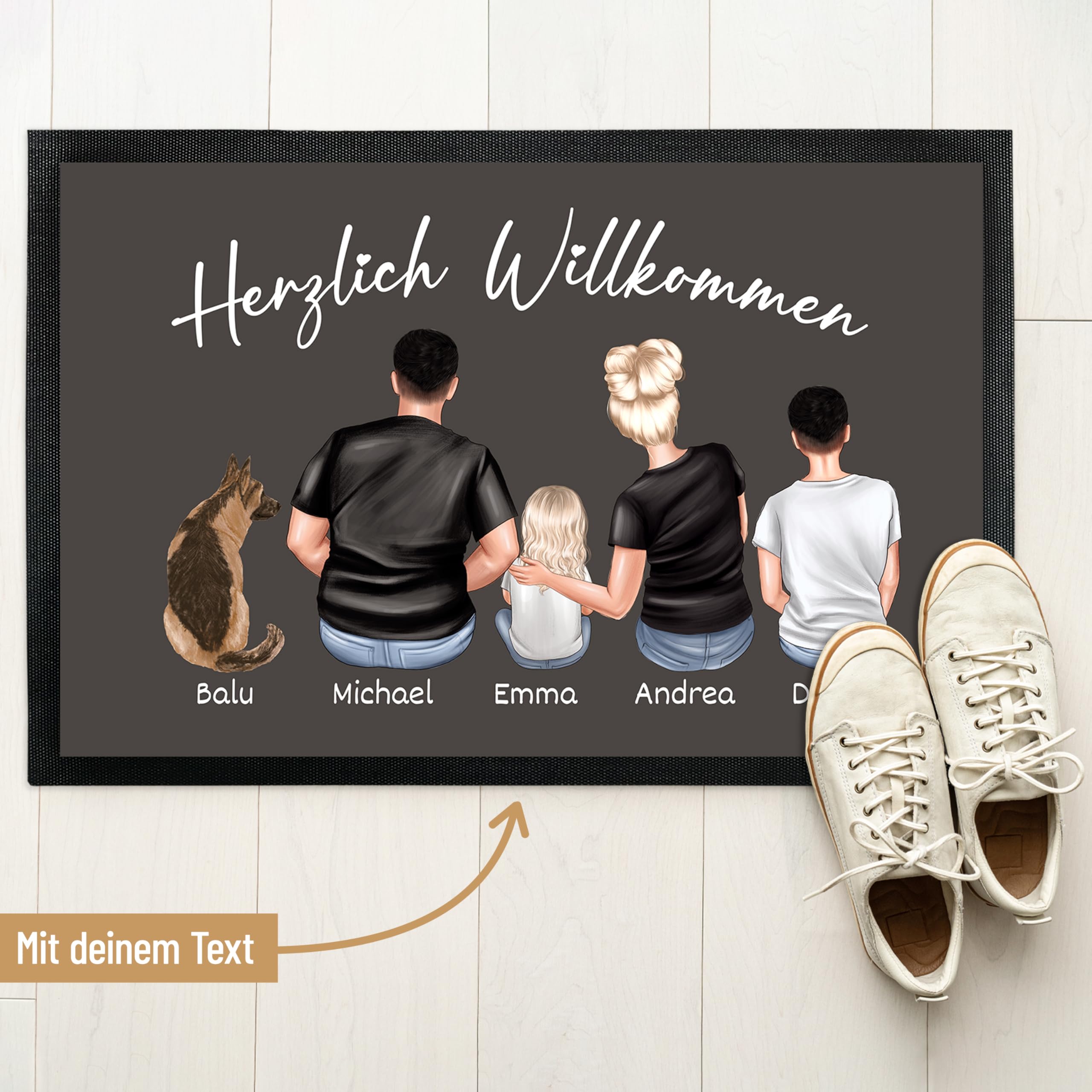 True Statements Personalisierte Fußmatte Familie mit Hund Katze Namen 50 x 75 cm rutschfest