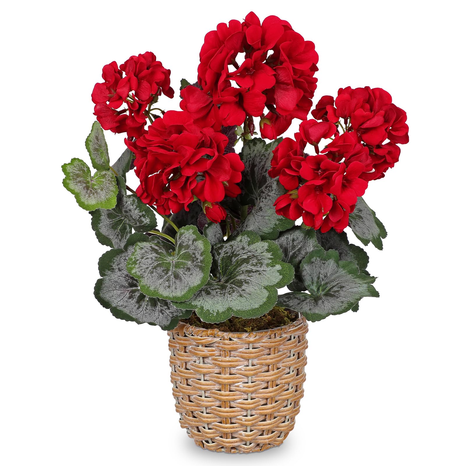 Arborus 37cm Artificial Red Geraniums Plant in Woven Pot Realistic Silk Flowers in Rustic Basket Indoor Outdoor Faux Potted Plant Artificial Flower Arrangement for Home Balcony Table Living Room Décor