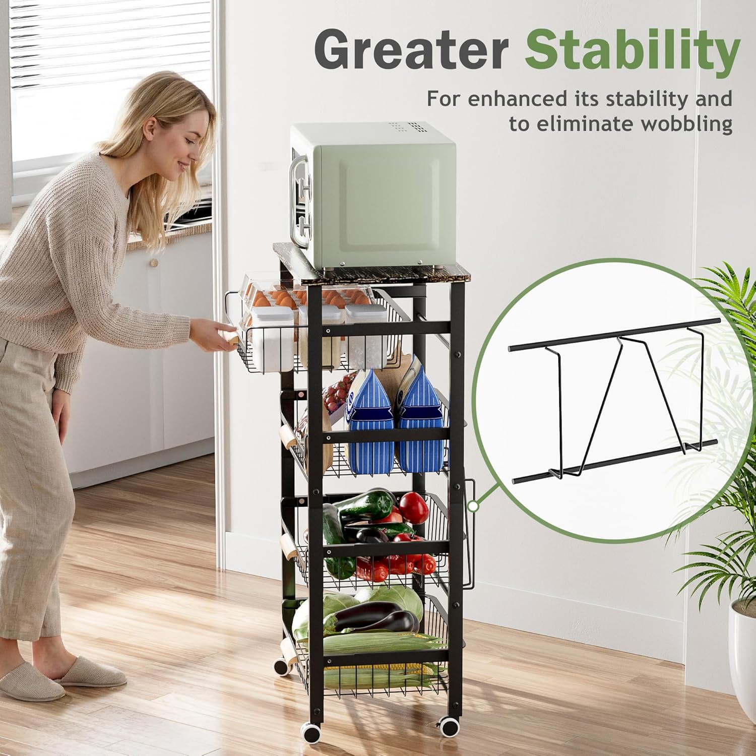 JAQ 5-Tier Fruit Vegetable Storage Cart with Wood Top, Rolling Kitchen Basket Organizer with Ergonomic Wood Handle & Wheels for Snacks Produce, Heavy Duty Metal Vianderos para Cocina Modernos, Black - Image 3