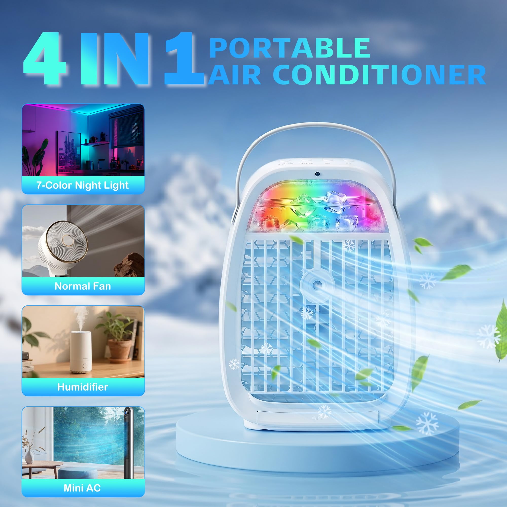 Climatiseur Mobile 1100ML, Mini Rafraîchisseur d’Air 4 en 1 avec Télécommande, Ventilateur Brumisateur USB, 2 Modes Brume, 3 Vitesses, Minuteur 1H/2H/4H, Veilleuse LED, pour Chambre Bureau Camping