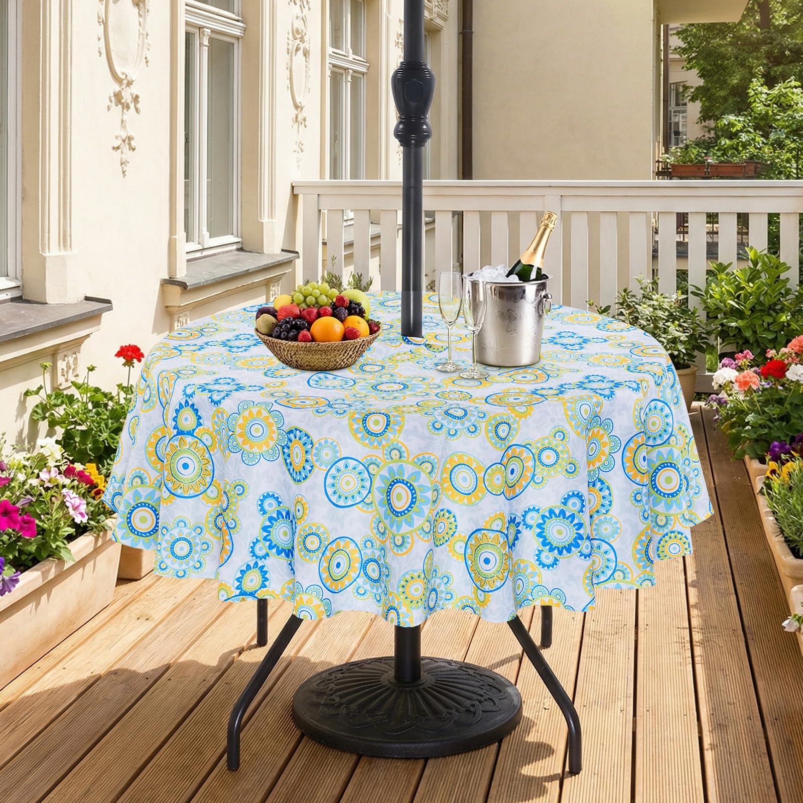 Eternal Beauty 52” Round Tablecloth Waterproof Outdoor Tablecloth with Umbrella Hole Zipper for Spring Summer Patio Picnic Tables (Boho Floral)